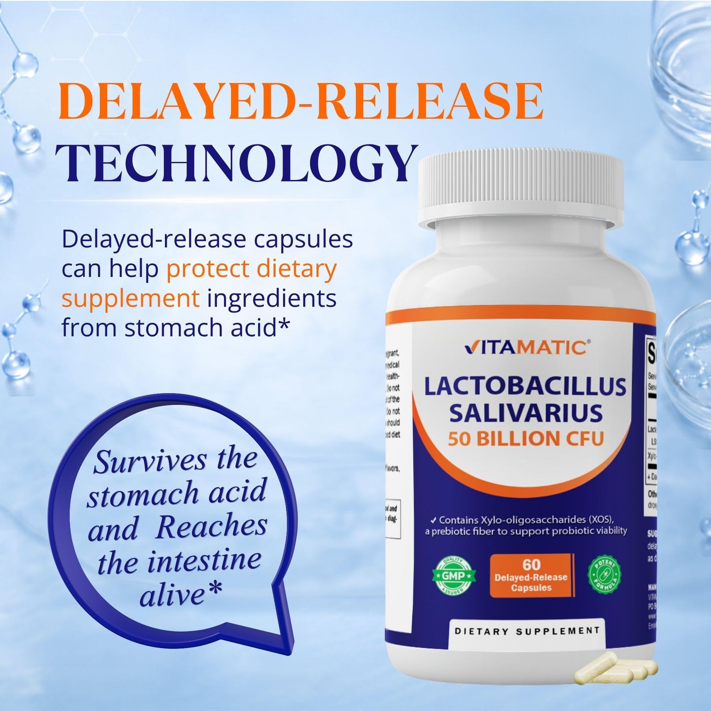 Vitamatic Lactobacillus Salivarius 50 Billion CFU with XOS Prebiotic, Delayed-Release Probiotic, Non-GMO, Gluten Free, 60 Capsules