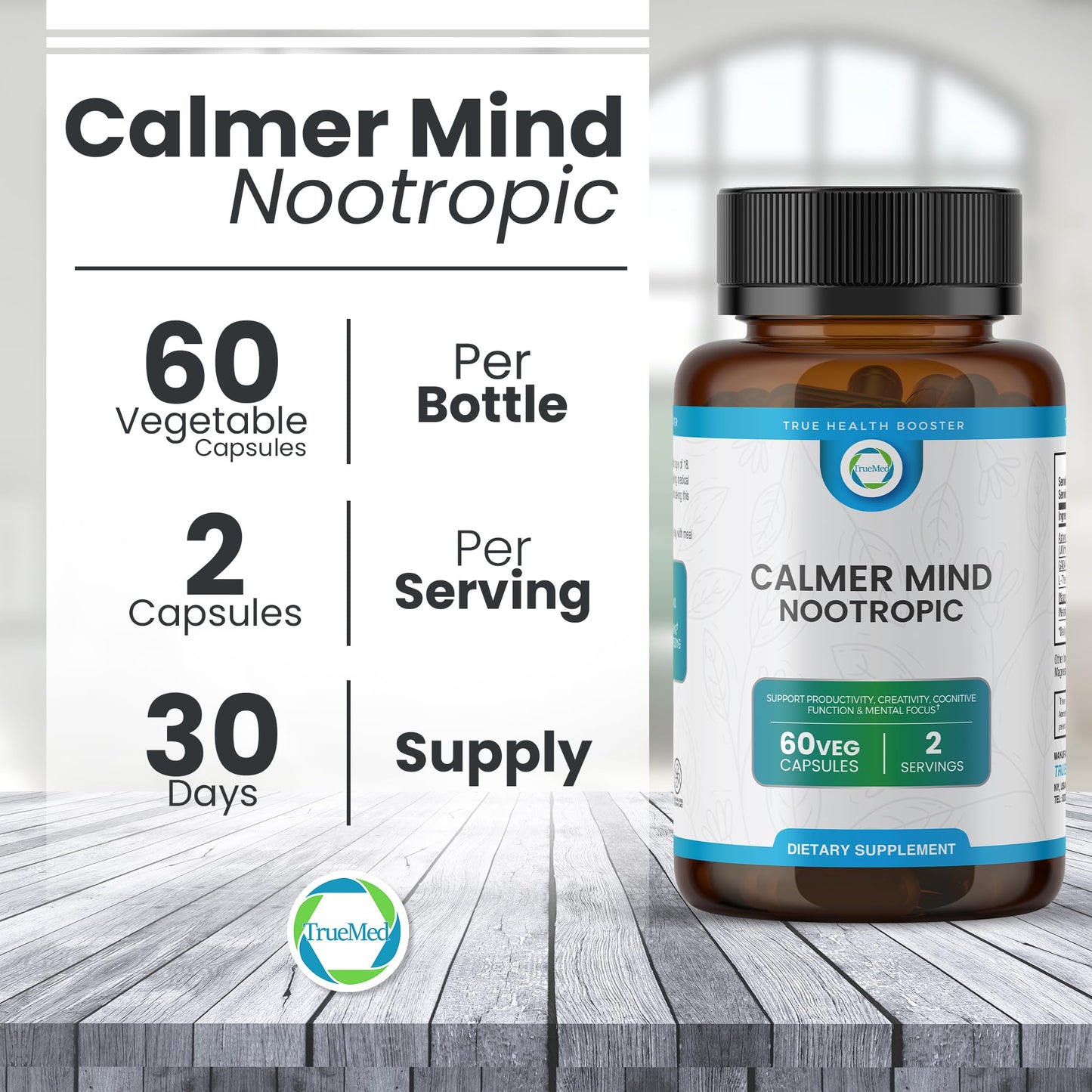 TRUEMED Calmer Mind Nootropic Ashwagandha, GABA, L-Theanine, Magnesium & Melatonin 60 Capsules