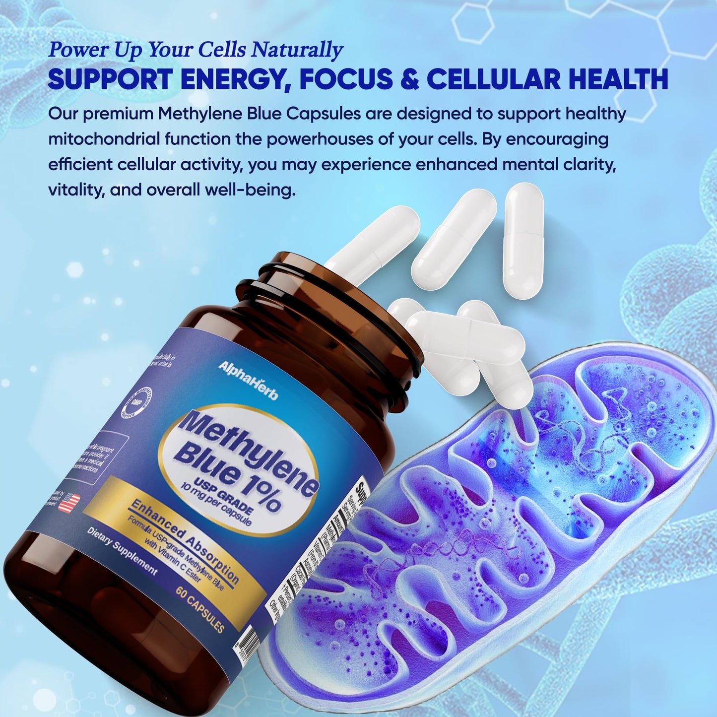 AlphaHerb Methylene Blue Pharmaceutical Grade, USP Grade – Enhanced Absorption with Vitamin C Ester & Cacao Powder – Energy, Antioxidant Support & Cognitive Focus Capsule 1