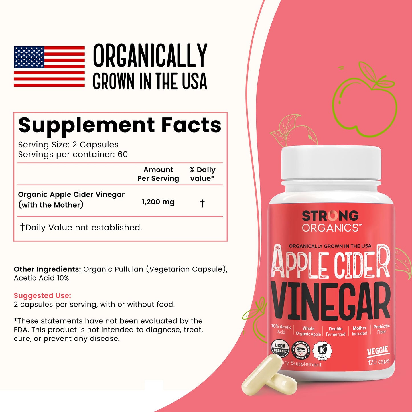 Strong Organics Organic Apple Cider Vinegar Capsules with The Mother, 1100mg ACV with 110mg Acetic Acid, 120 Vegan Caps