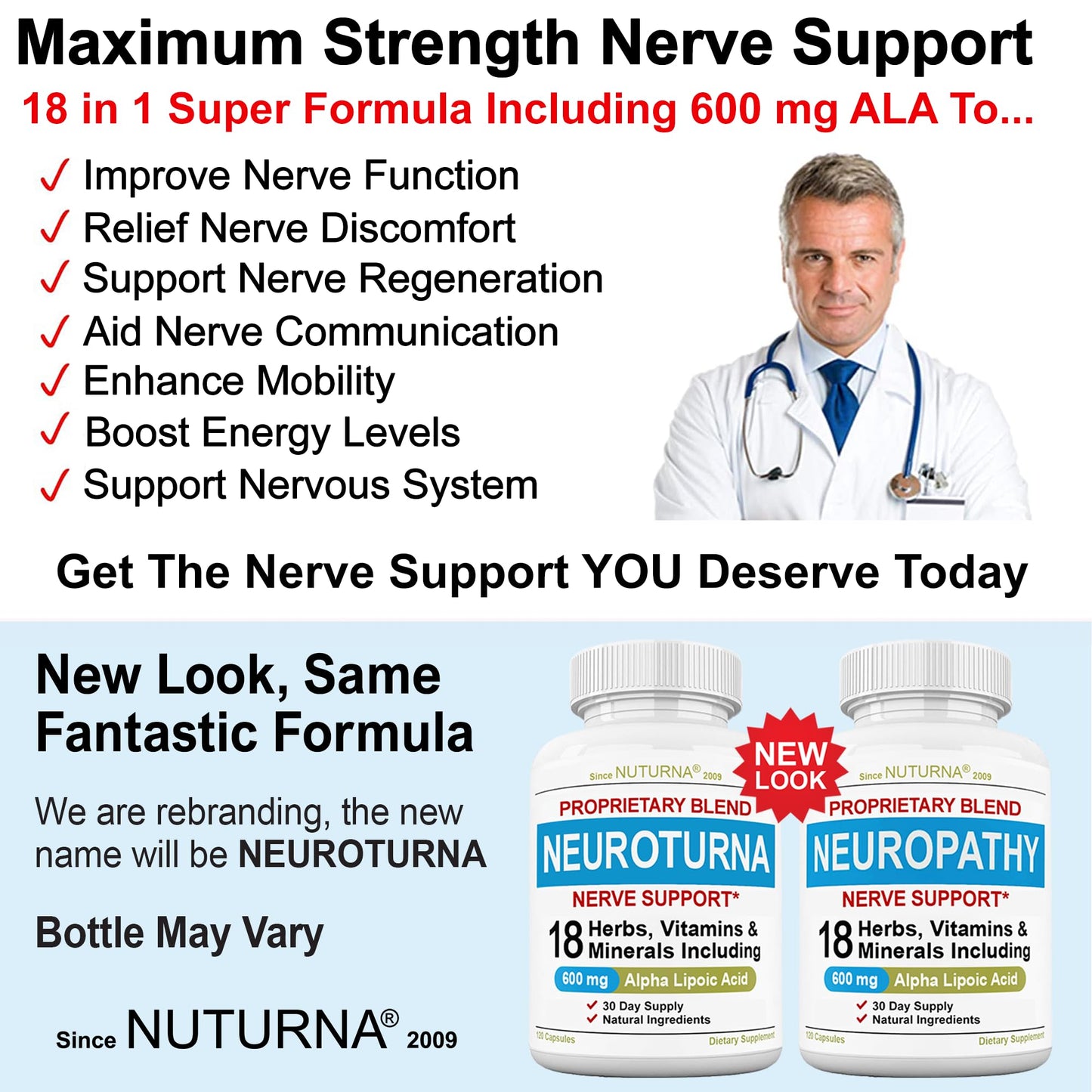 Nuturna Neuropathy Nerve Support Supplement with 600 mg Pure Alpha Lipoic Acid, Maximum Strength Capsule, 120 Capsules