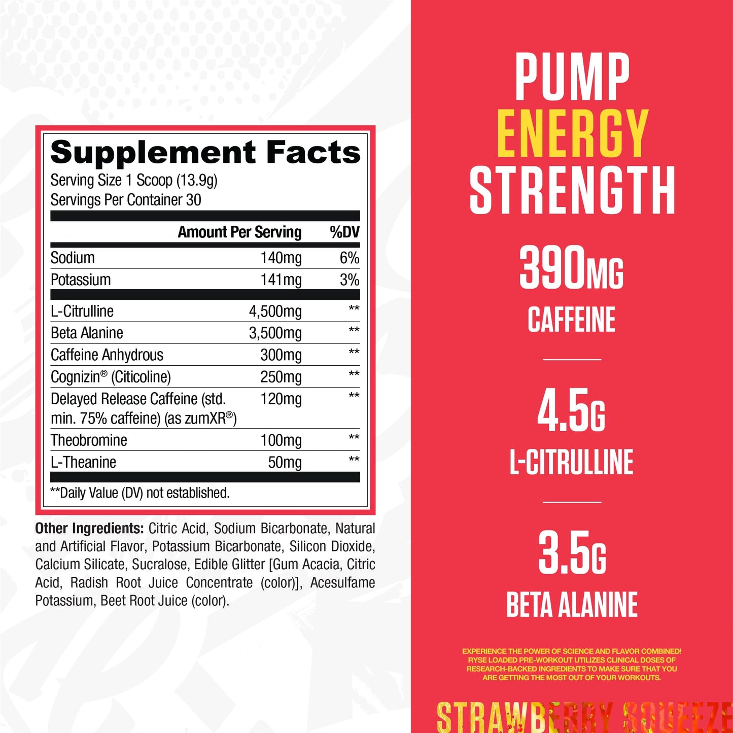 RYSE Up Supplements Loaded Pre Workout Powder Strawberry Squeeze, 15.3 Ounce