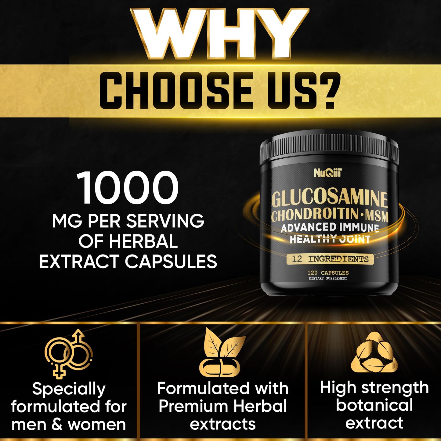NUQIIT Glucosamine Chondroitin MSM with Immune & Joint Support Supplement 2000mg - Turmeric Curcumin Root, Boswellia, Elderberry, Echinacea & More Capsules 120