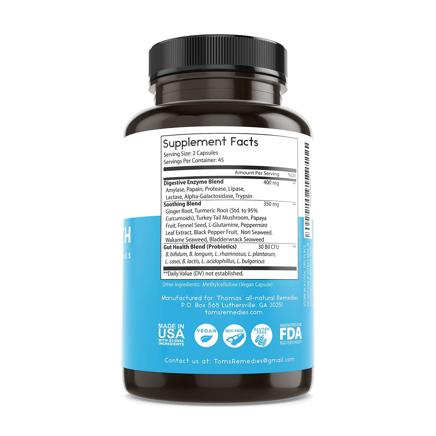 Thomas' all-natural Remedies Gut Health with Digestive Enzymes, Probiotics, Ginger, Papaya, and Turmeric for Digestion and Bloating Relieve Capsules, 90 Capsules