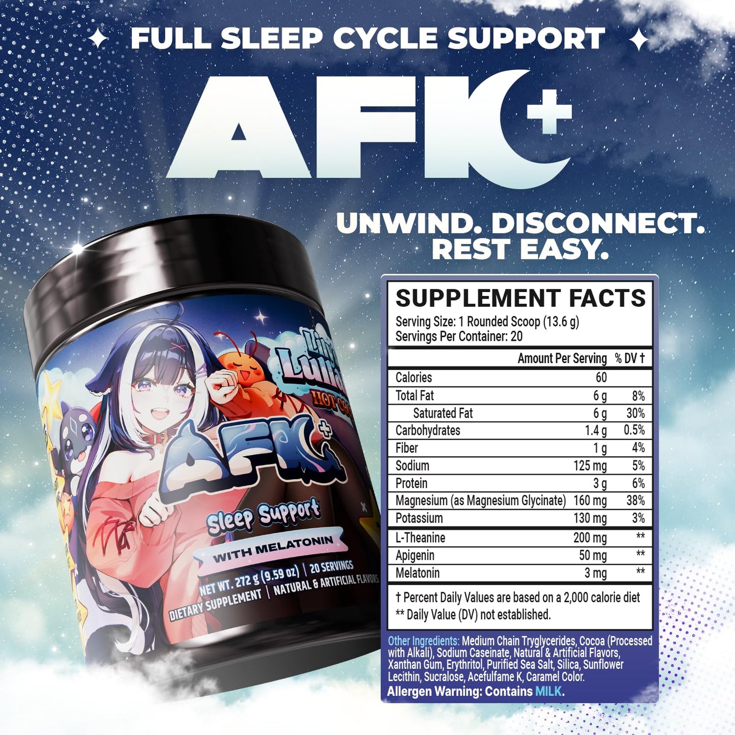 Gamer Supps AFK+ with Melatonin: Lily's Lullaby Hot Cocoa by Shylily Powder 9.59 Ounce