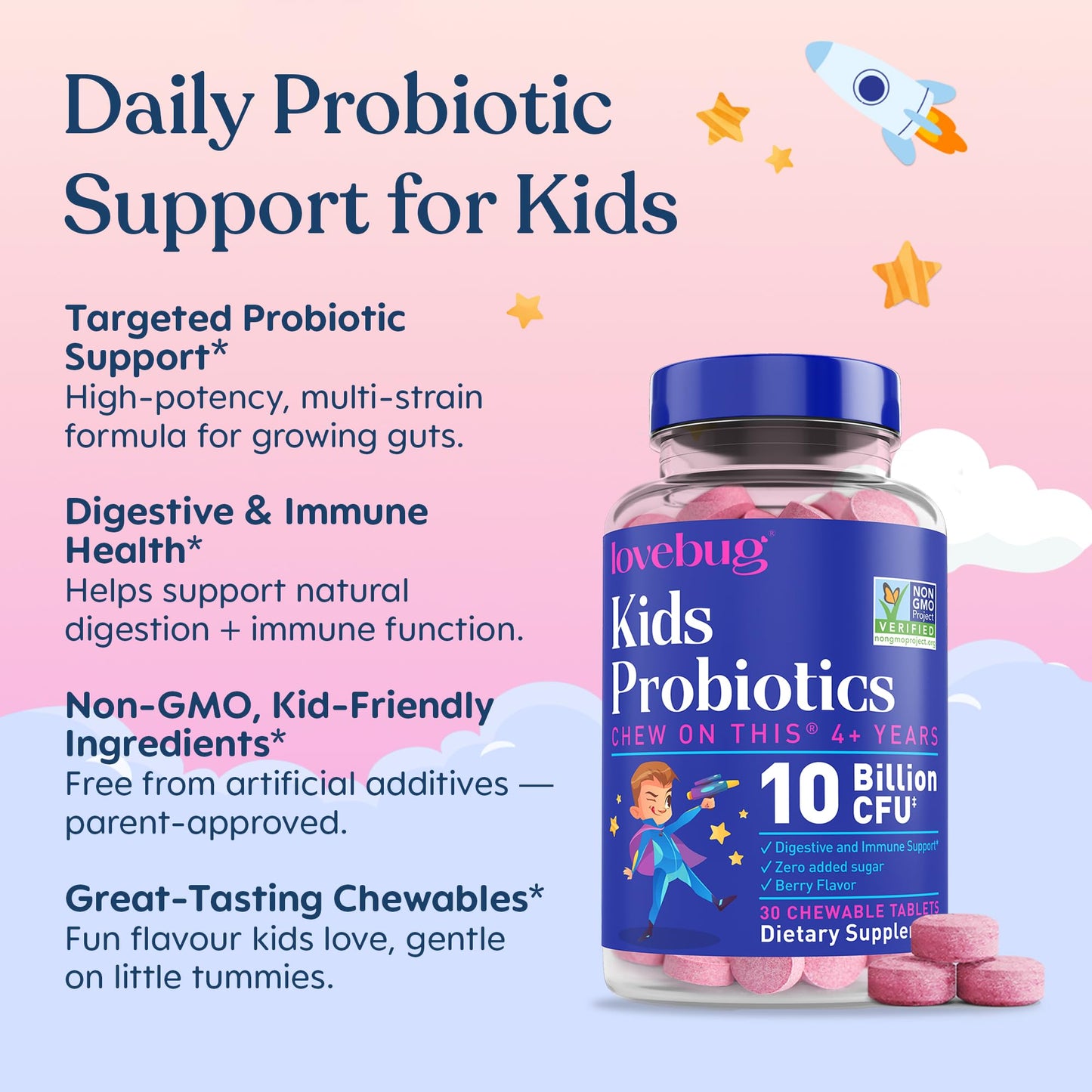 LOVEBUG Probiotics for Kids Probiotic Chewables with Prebiotic Fiber Capsule 30 Count