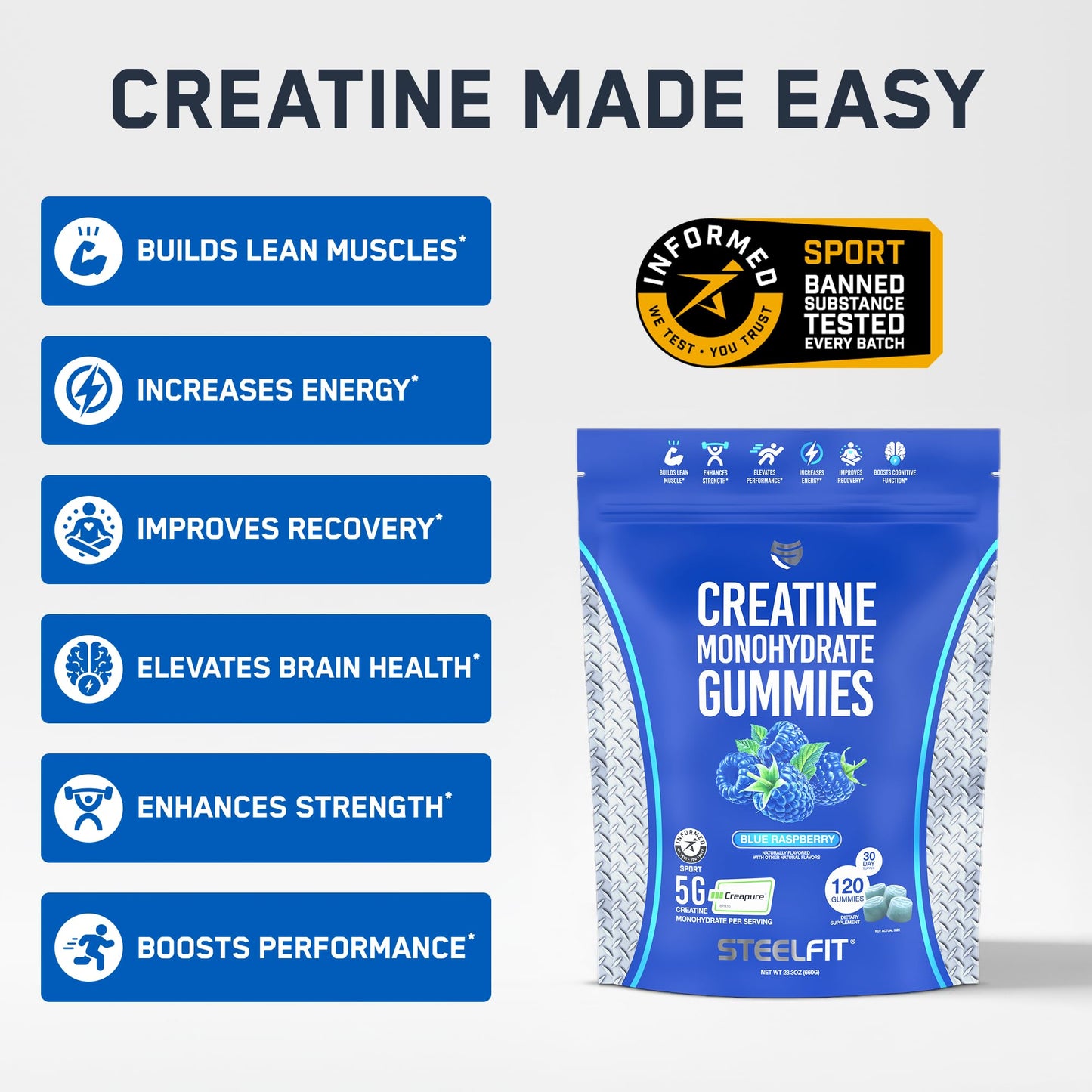 SteelFit Creapure Creatine Monohydrate Gummies, 120 Gummies