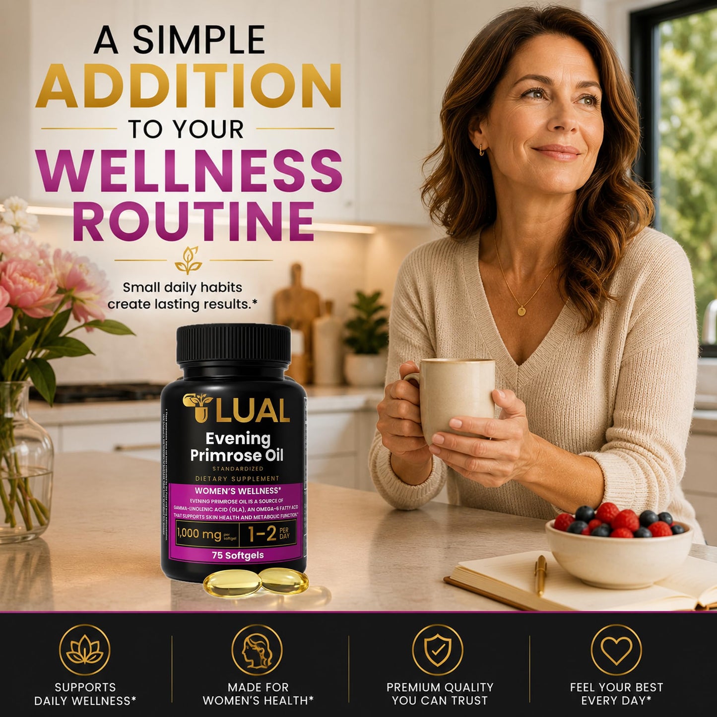 LUAL Evening Primrose Oil 1000mg with GLA Softgels, 75 Softgels