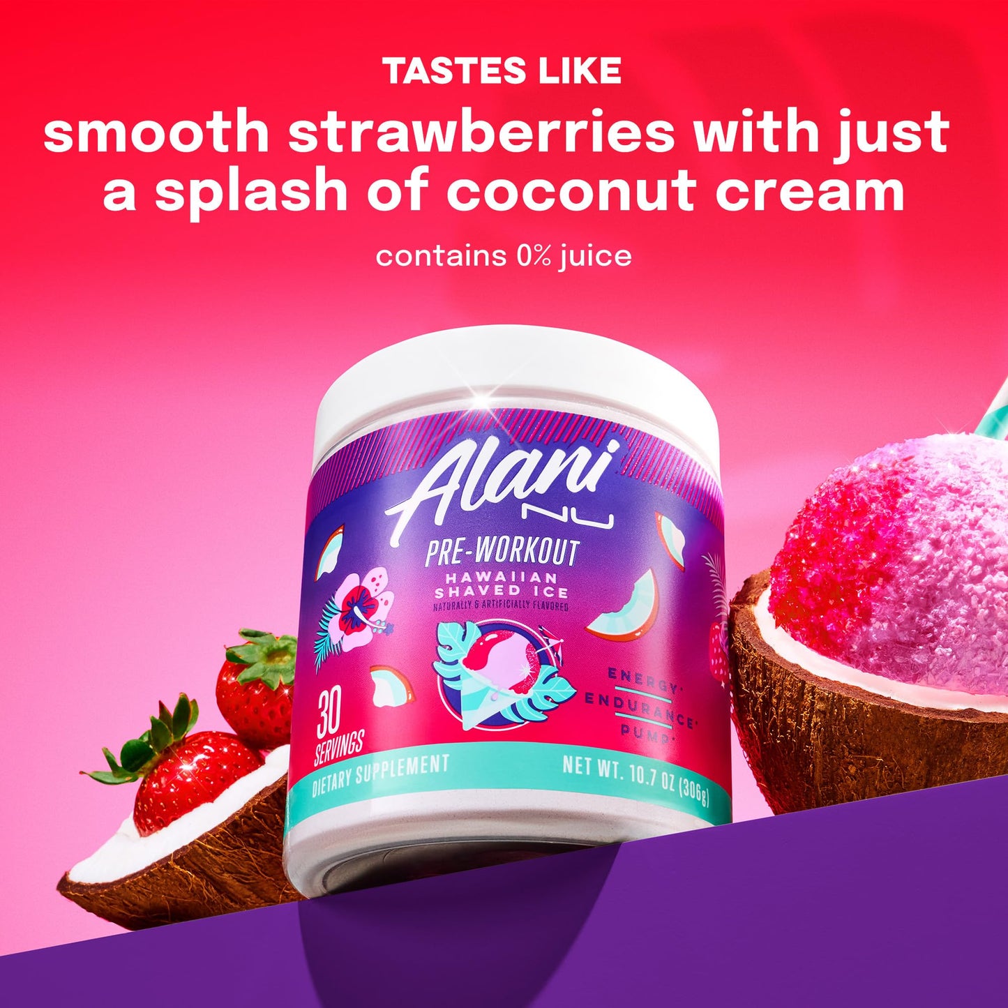 Alani Nu Pre Workout Powder Hawaiian Shaved ICE, Amino Energy Boost, Endurance Supplement, Sugar Free, 200mg Caffeine, L-Theanine, Beta-Alanine, L-Citrulline, 30 Servings