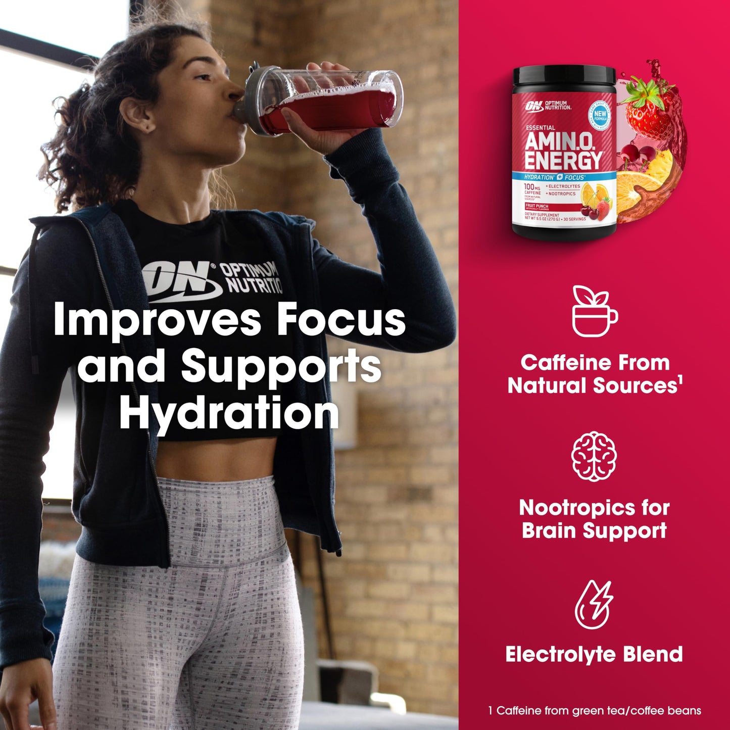 Optimum Nutrition Amino Energy Powder Plus Focus with BCAA, Electrolytes, and Caffeine, Fruit Punch, 9.5 Ounce