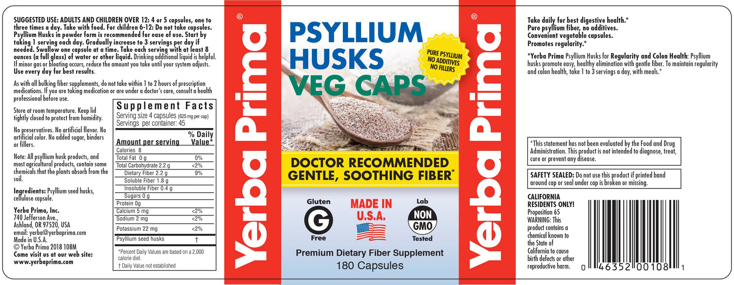 Yerba Prima Psyllium Husks Capsules, 180 Count