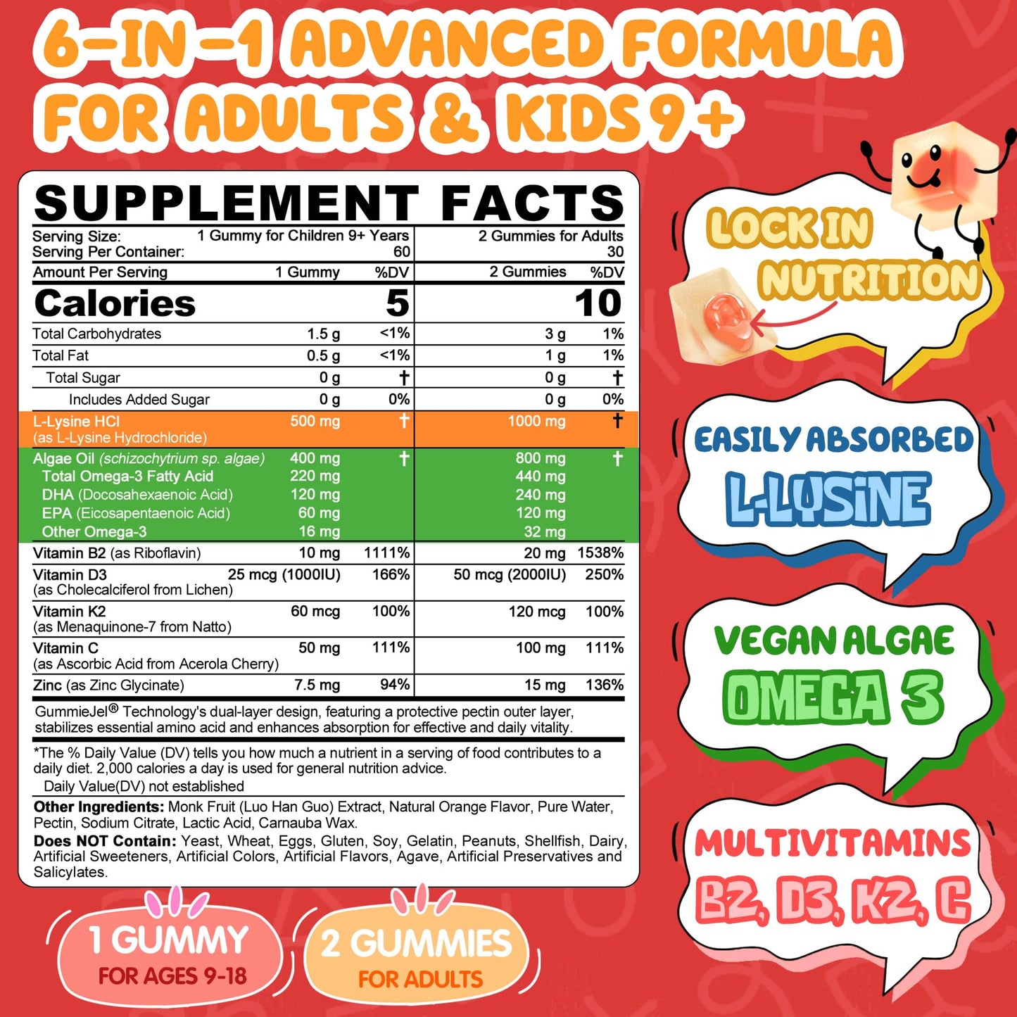 Nextdia L-Lysine Gummies 500/1000mg with Algae Omega-3, Vitamin B2, D3, K2, C Sugar Free, 60 Gummies