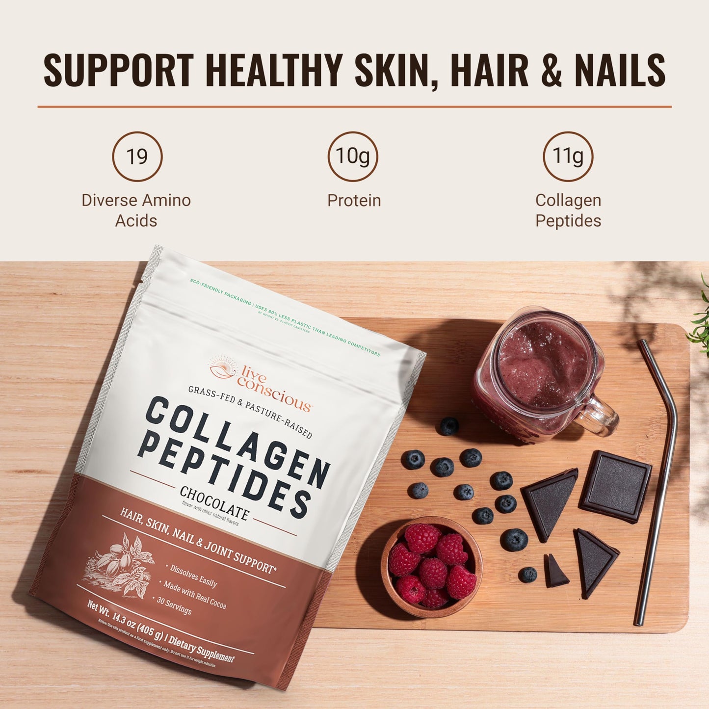 Live Conscious Collagen Peptides Powder - Chocolate - Hair, Skin, Nail, and Joint Support - Type I & III Grass-Fed Collagen Supplements for Women and Men - 15 oz