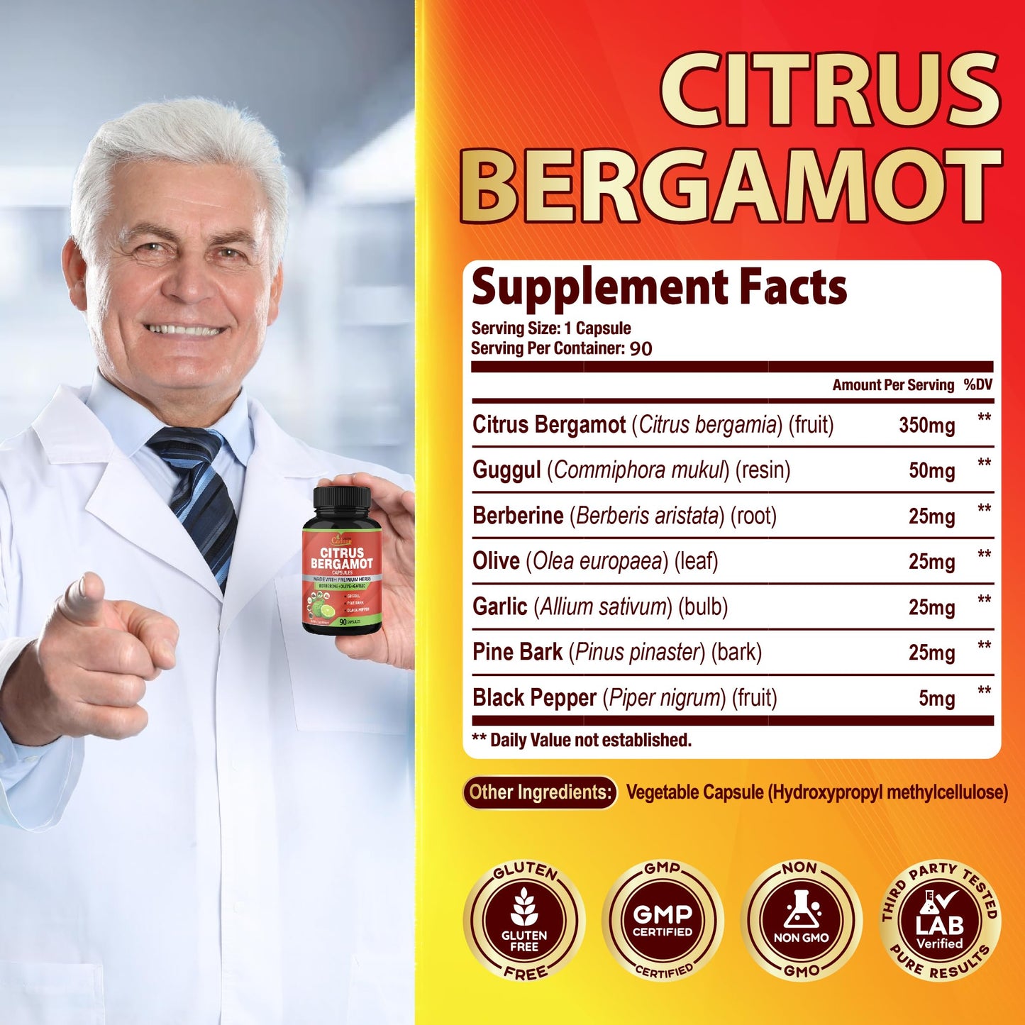 Organic Cadane Citrus Bergamot Supplement Extract Capsules, 90 Count