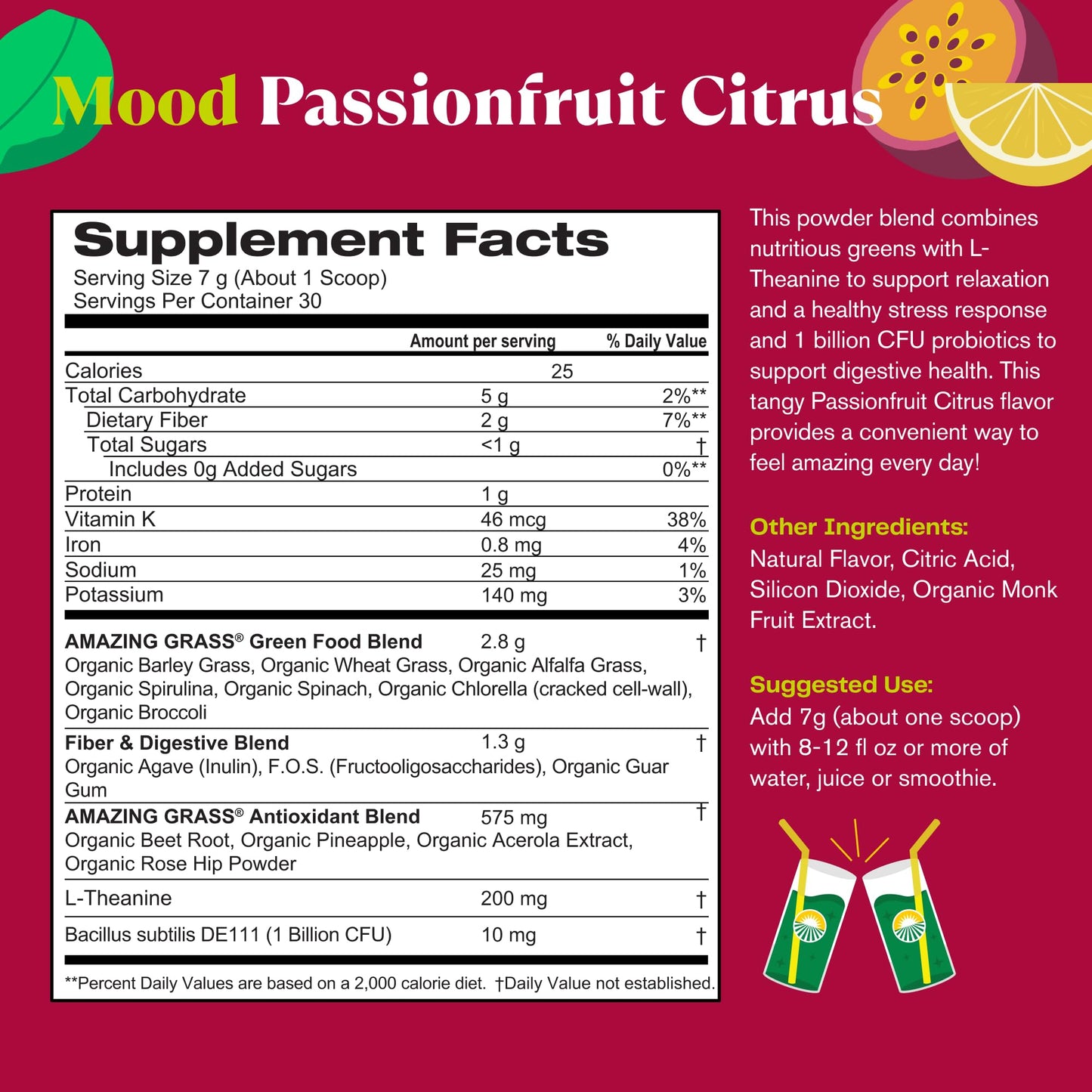 Amazing Grass Greens Blend Mood, Super Greens Powder Smoothie Mix for Stress Support, L-Theanine, Relaxation, Spirluna, Probiotics, Passionfruit Citrus, 7.4 Ounce Powder