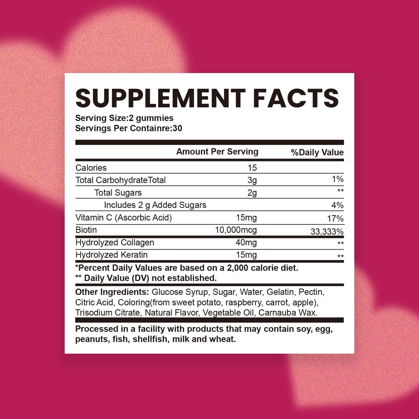 Esverco Biotin 10000mcg Keratin Collagen Gummies Hair Nail Vegan Raspberry 60 Count