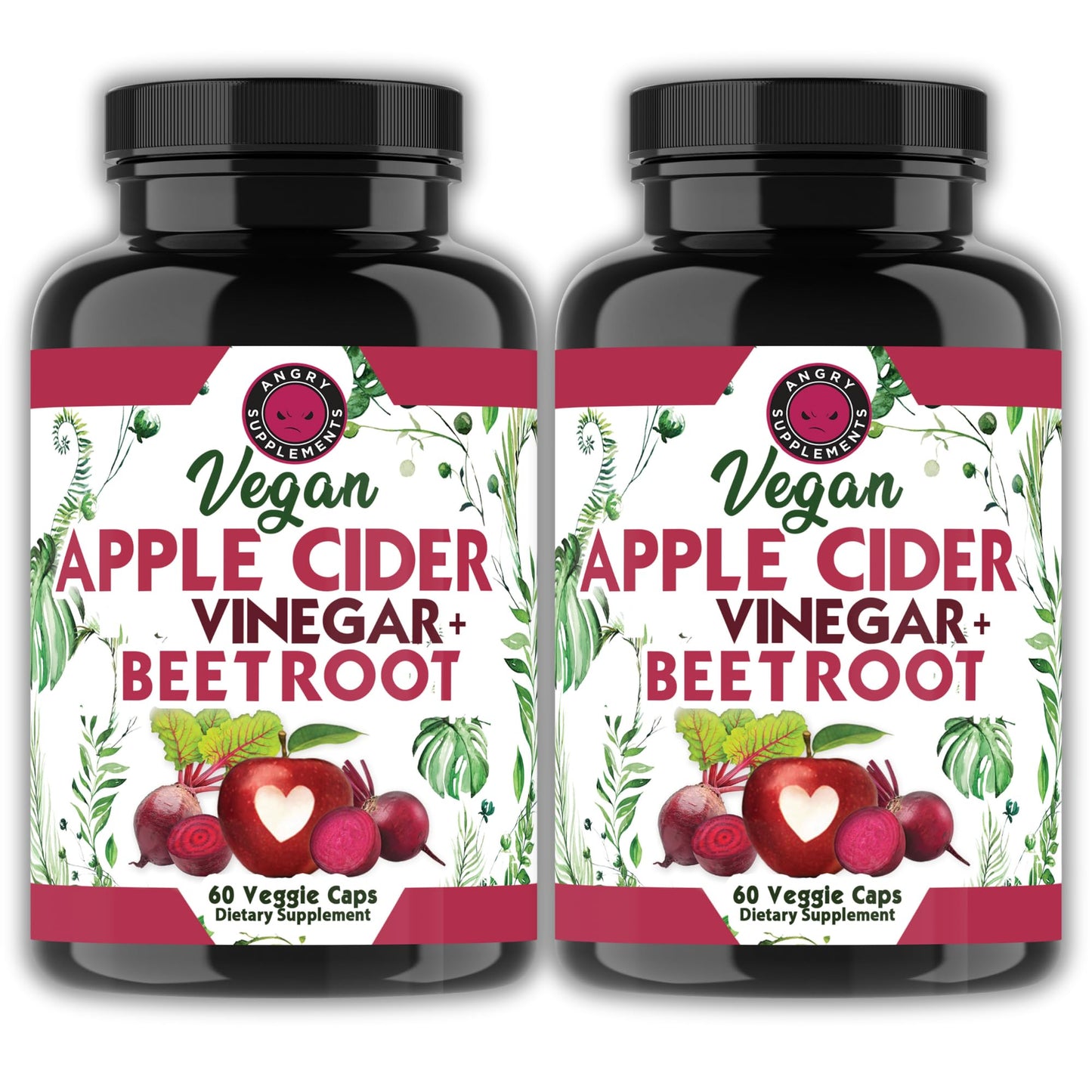 Angry Supplements Vegan Apple Cider Vinegar + Beet Root Veggie Capsules for Men and Women – 500mg Apple Cider Vinegar & 500mg Beet Root per Serving, 60 Capsules
