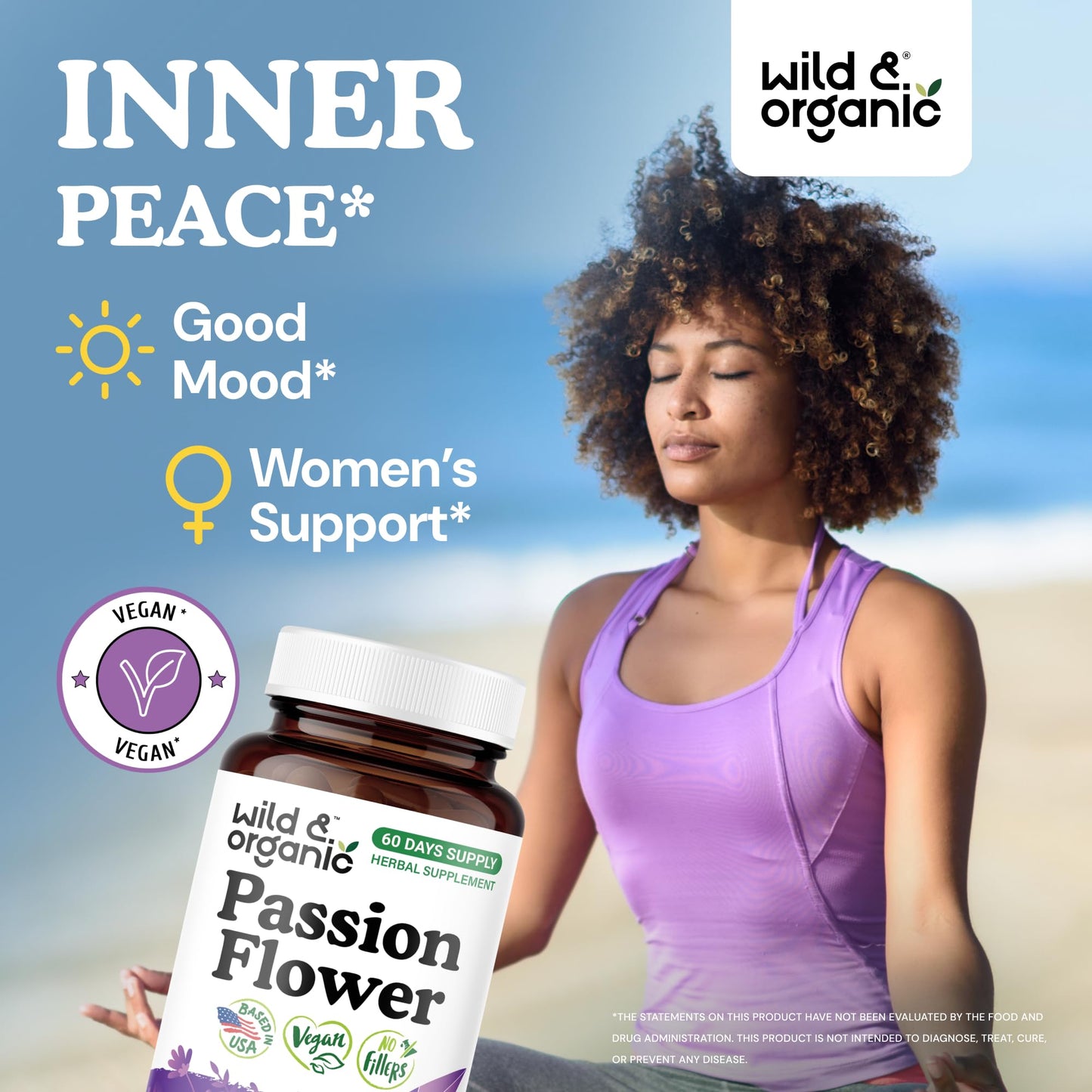 Wild & Organic Passion Flower Capsules 600 mg - Relaxation & Mood Support - Passiflora Incarnata Herb - Vegan, No Fillers, Non-GMO - 60 Count