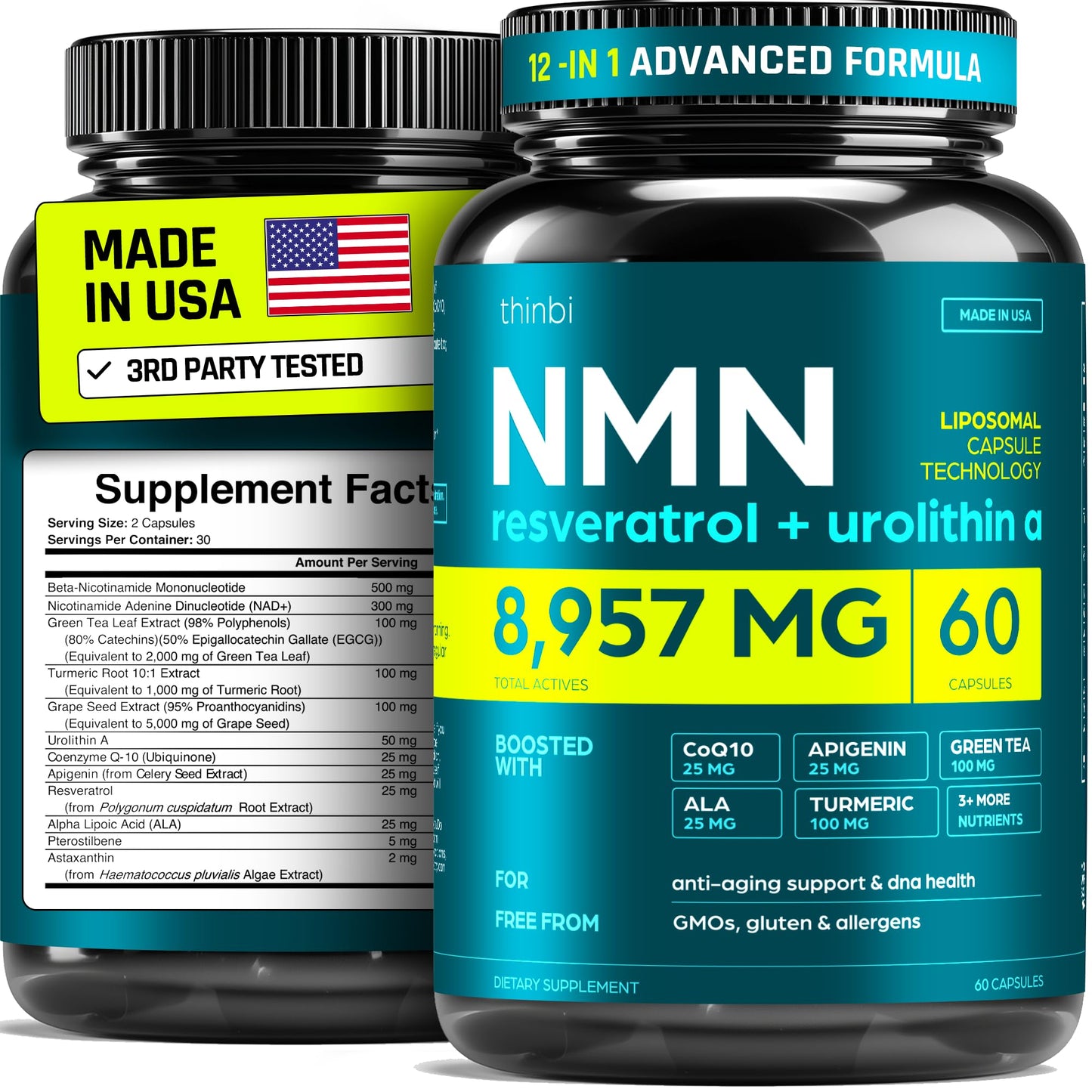 Thinbi NMN Supplement with Real NAD+ Not Just a Booster Capsule, 60 Count