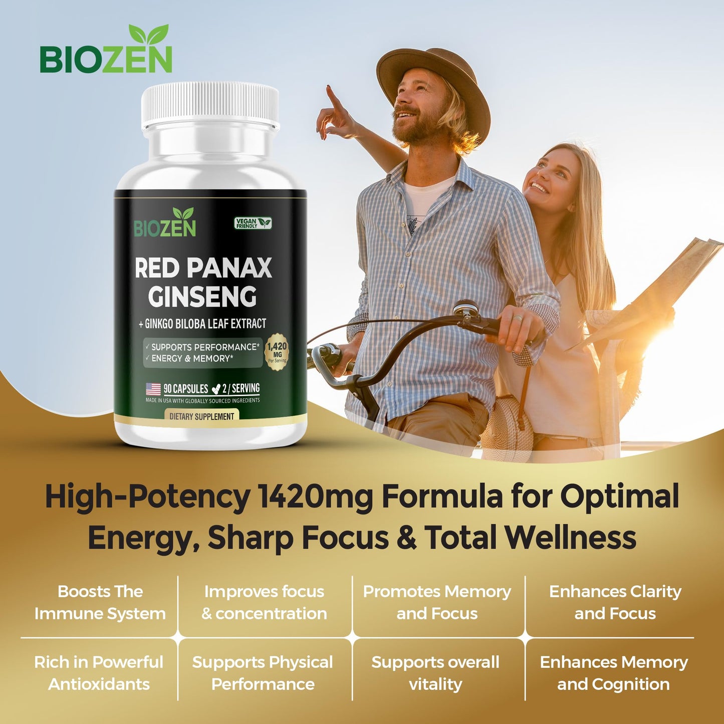 Biozen Korean Red Panax Ginseng + Ginkgo Biloba 1420mg, 90 Capsules
