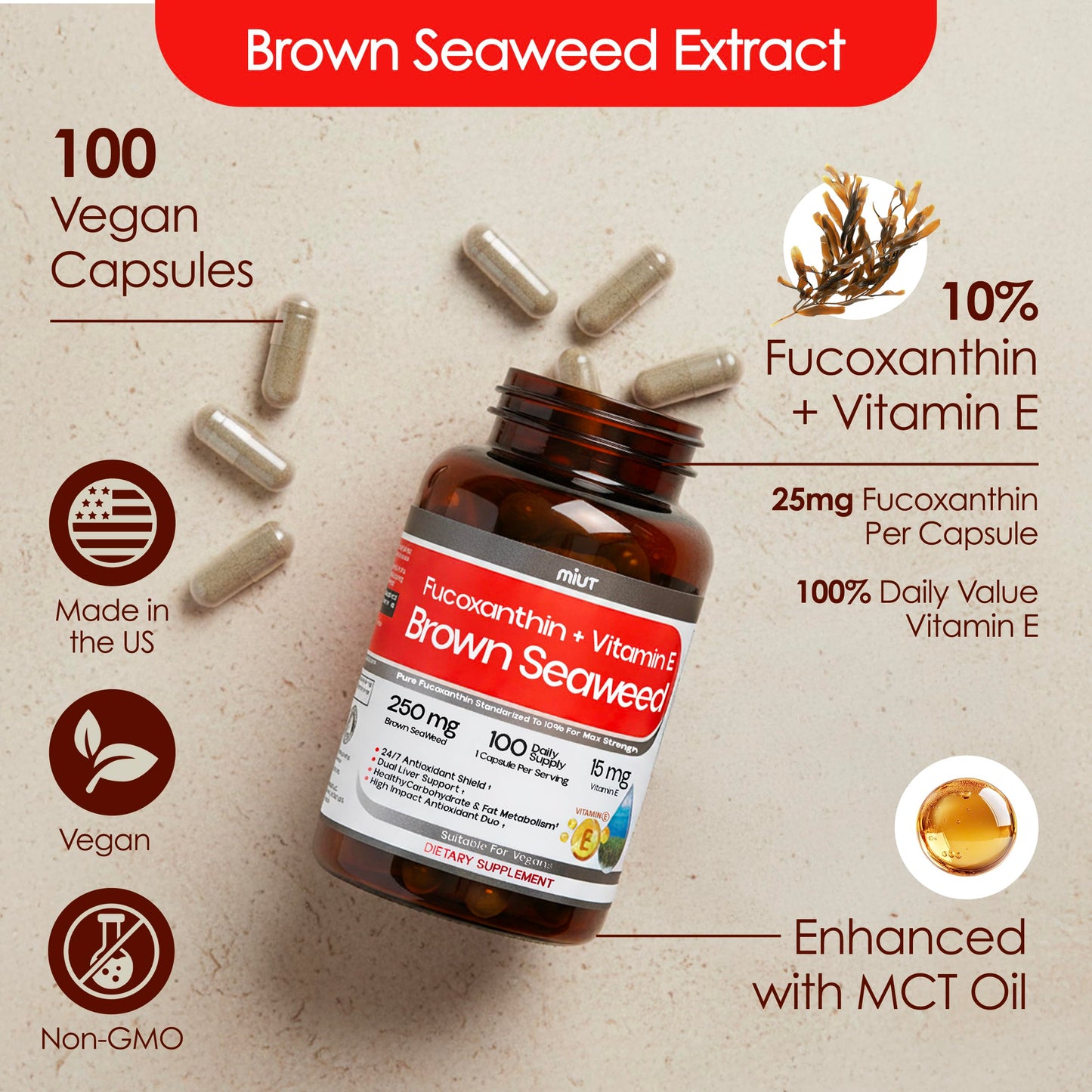MIUT Fucoxanthin Brown Seaweed Extract Supplement 250mg - 10% Standardized Fucoxanthin with Vitamin E & MCT Oil, Non-GMO, Capsules, 100 Count