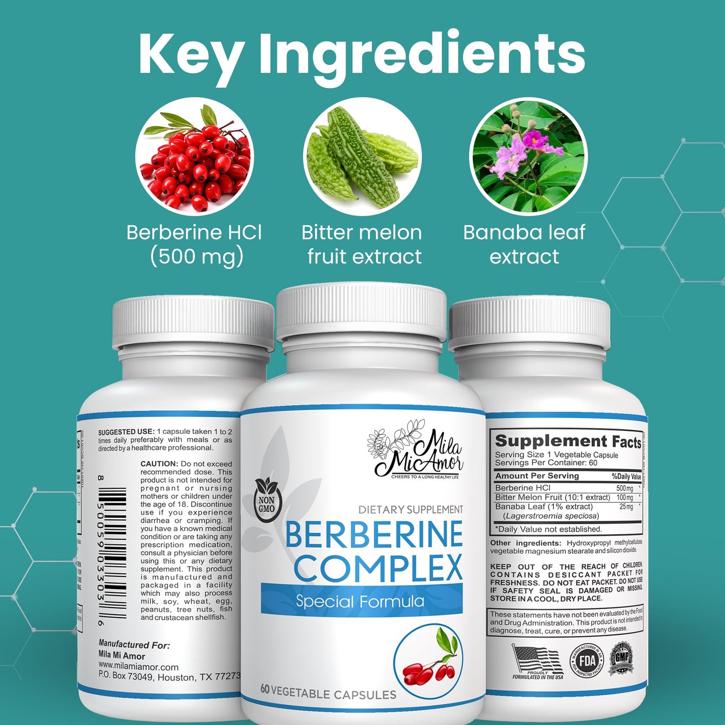 Mila Miamor Berberine Complex HCL 500mg Capsules, 60 Count