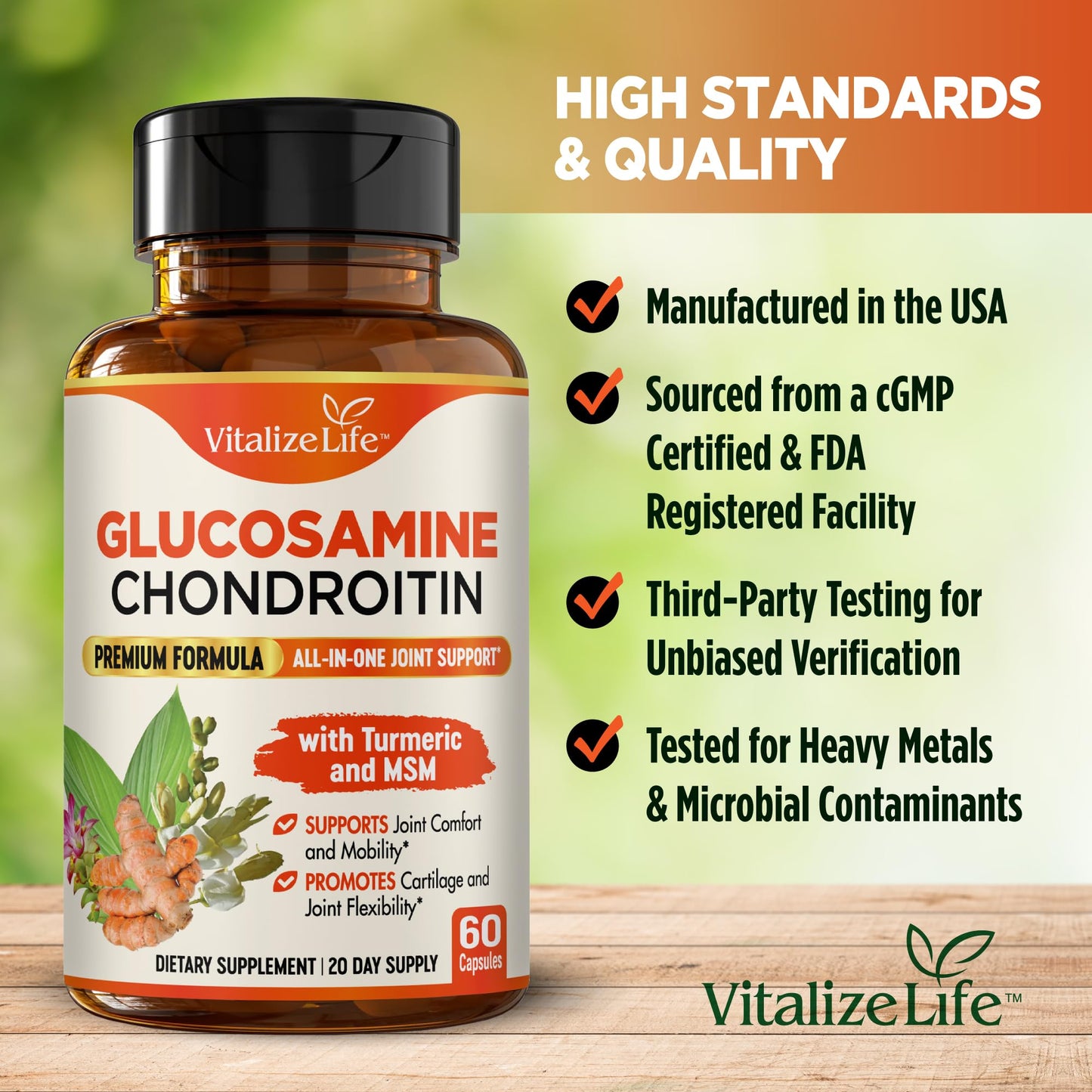 Vitalize Life Joint Supplements for Women & Men – Advanced Joint Support Complex with Glucosamine, Chondroitin, MSM & Turmeric – Support for Cartilage, Mobility and Flexibility, 60 Capsules