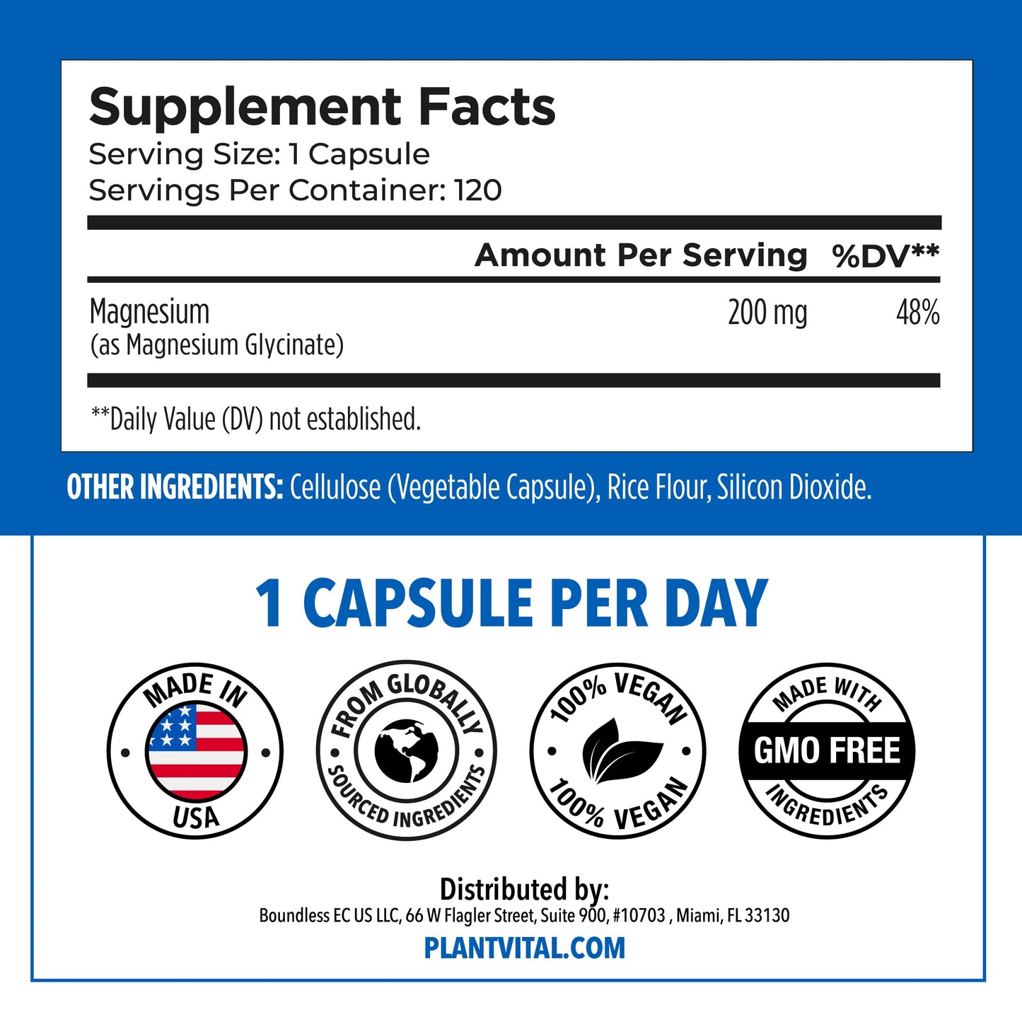 Plantvital Magnesium Glycinate 200mg Capsule, 120 Capsules
