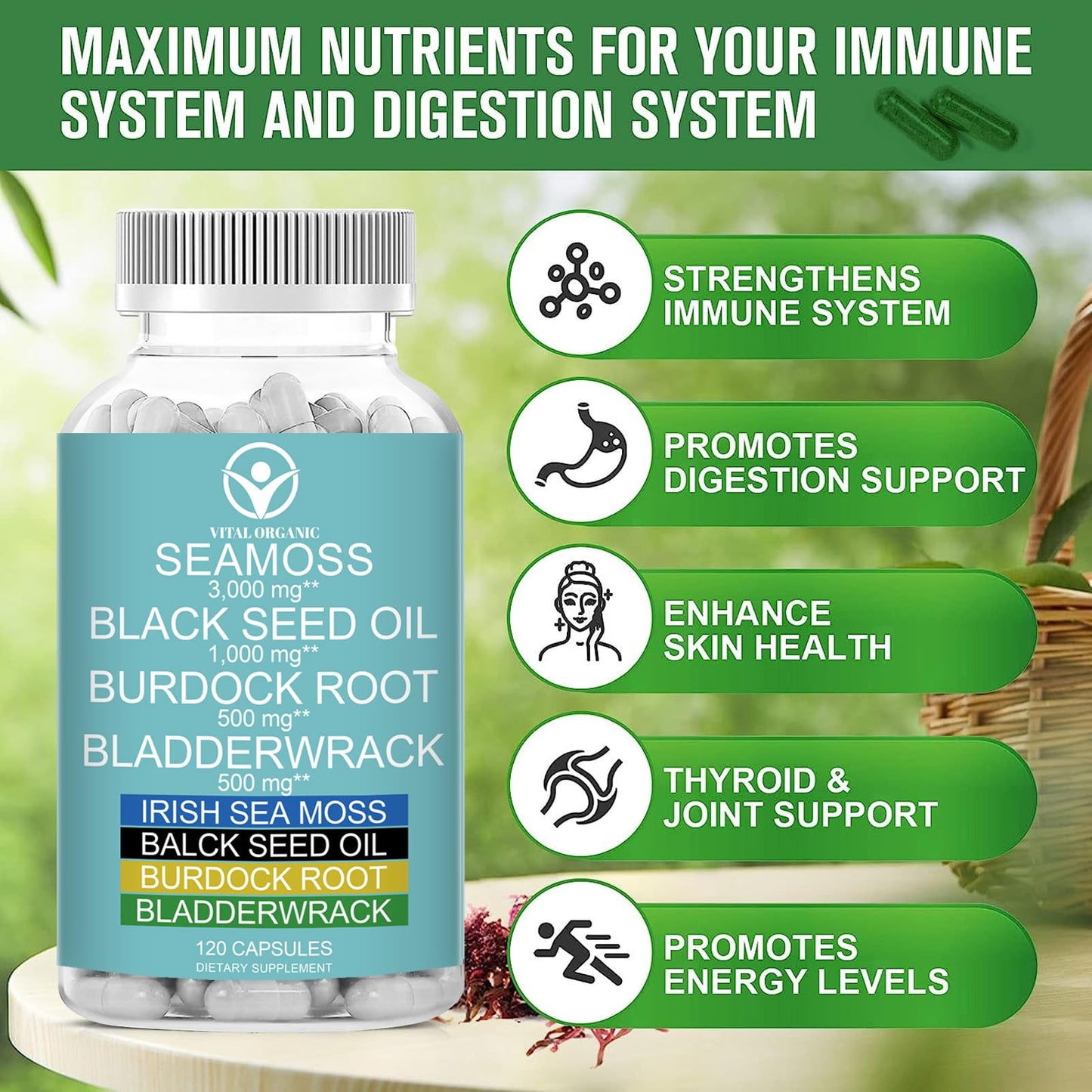 VitalOrganic Organic Sea Moss, 120 Capsules