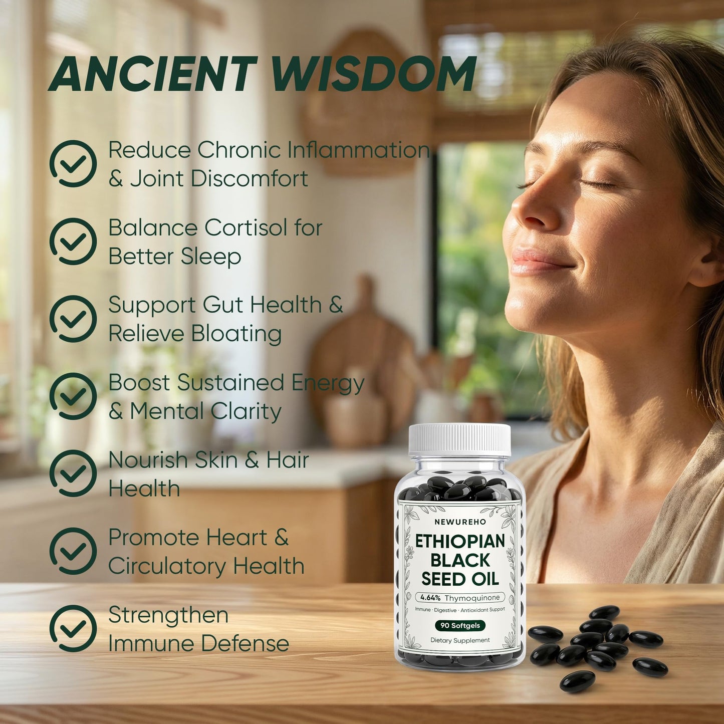 NEWUREHO Ethiopian Black Seed Oil Capsule 800mg, Organic Cold Pressed 100% Pure, Supports Immune & Digestive Health, Easy-to-Swallow, 90 Count