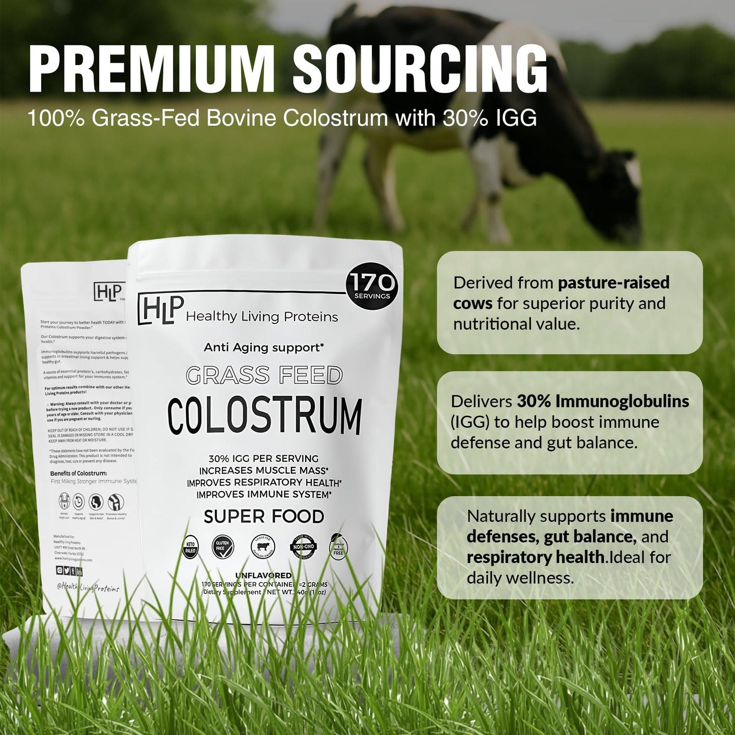 HLP Healthy Living Proteins Grass Fed Colostrum Powder, 12oz, 170 Servings