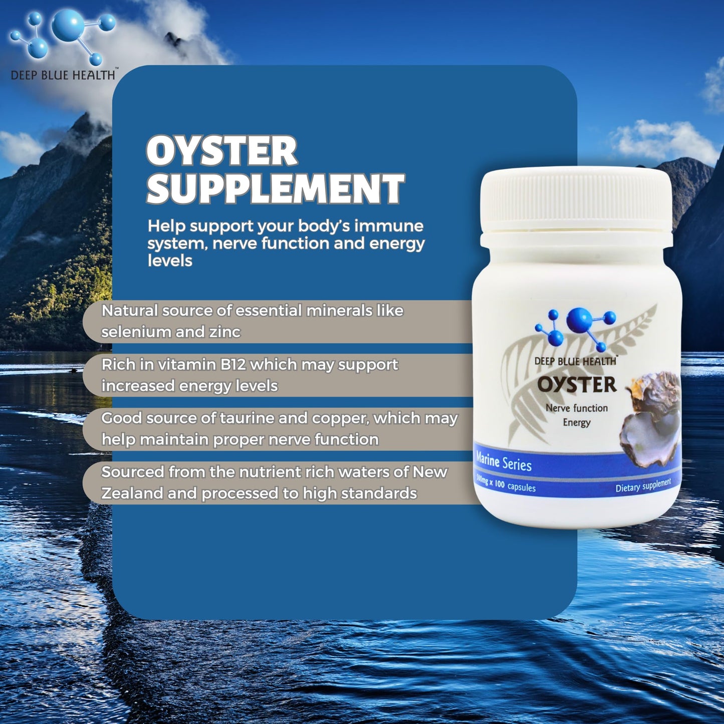 Deep Blue Health New Zealand Oyster Extract Powder Zinc Supplement Capsules 100 Count