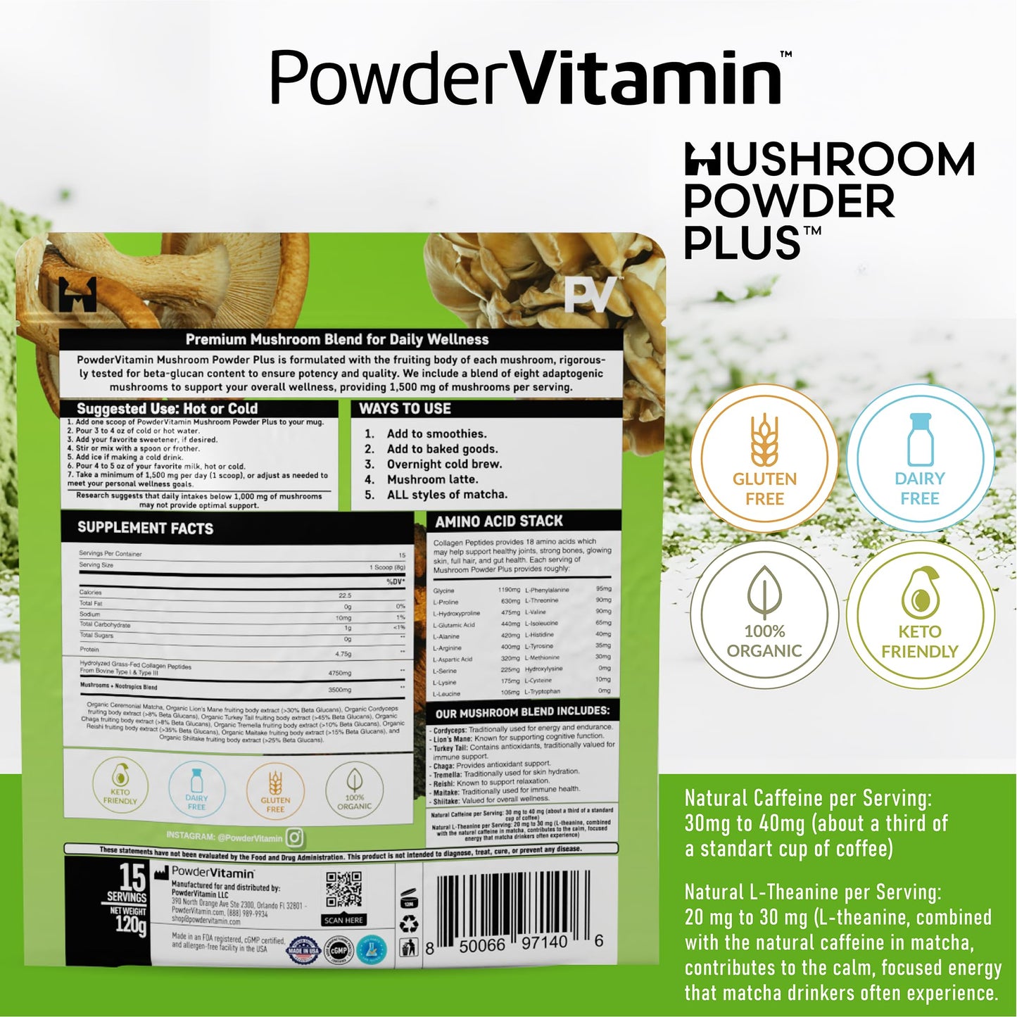 PowderVitamin Organic Ceremonial Mushroom Matcha with Grass-Fed Collagen Types I & III, 8 Fruiting Body Mushrooms, Certified Pesticide-Free, Beta-Glucans Tested, Focus Digestion & Immunity, 4.5 oz Powder