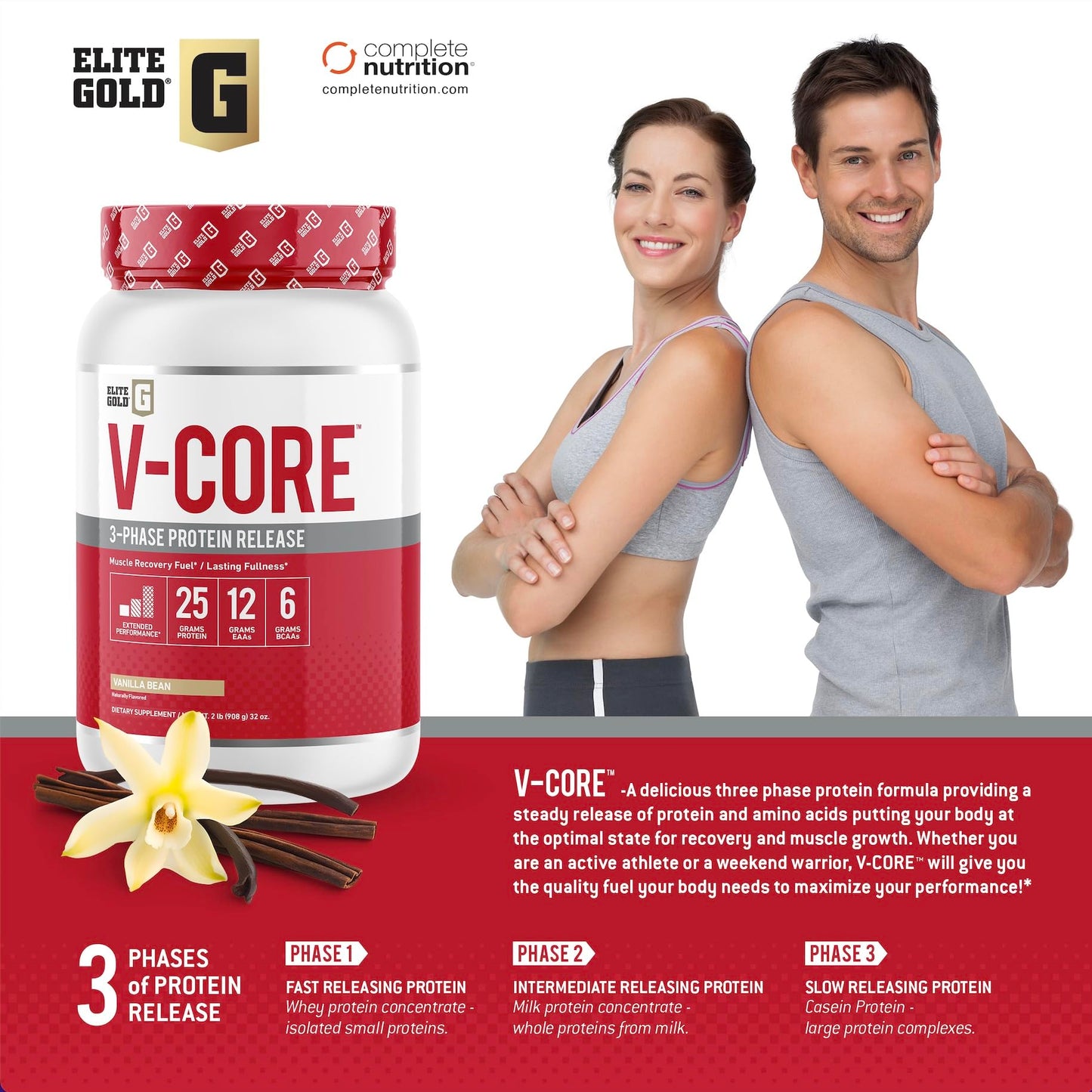 Complete Nutrition V-Core Protein Powder, 2 lb Tub, 32