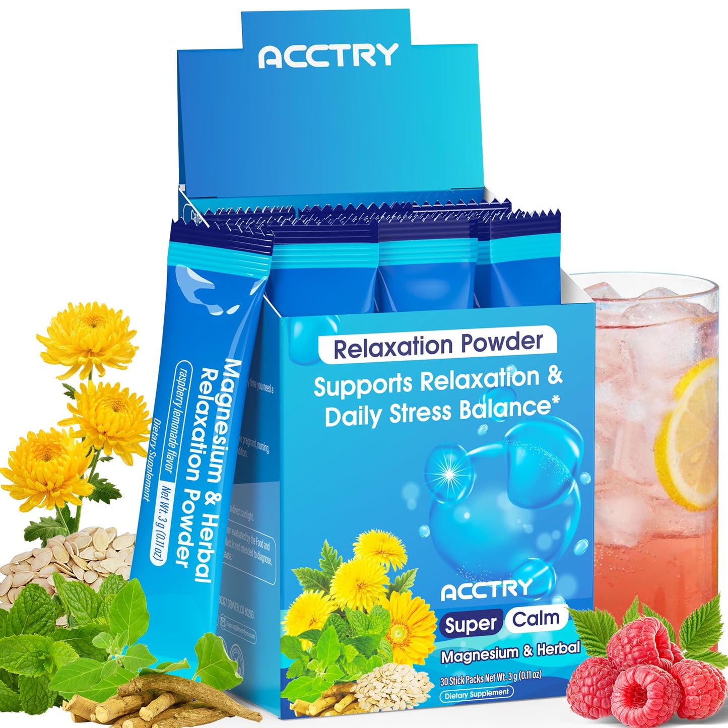 Acctry Super Calm Magnesium Complex Powder (Glycinate, Malate & Taurate) for Women and Men with Ashwagandha Root Extract, Lemon Balm, Vitamin D3 & Zinc, No Sugar, Raspberry Lemonade, 5