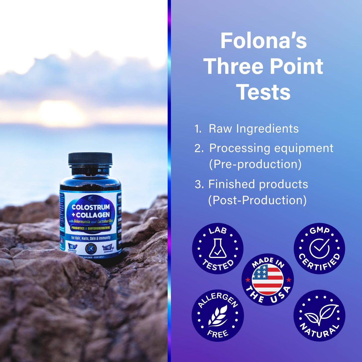 FOLONA Colostrum with Collagen, Berberine & Probiotics (Akkermansia & Lactobacillus) Delayed Release Capsules, 90 Capsules