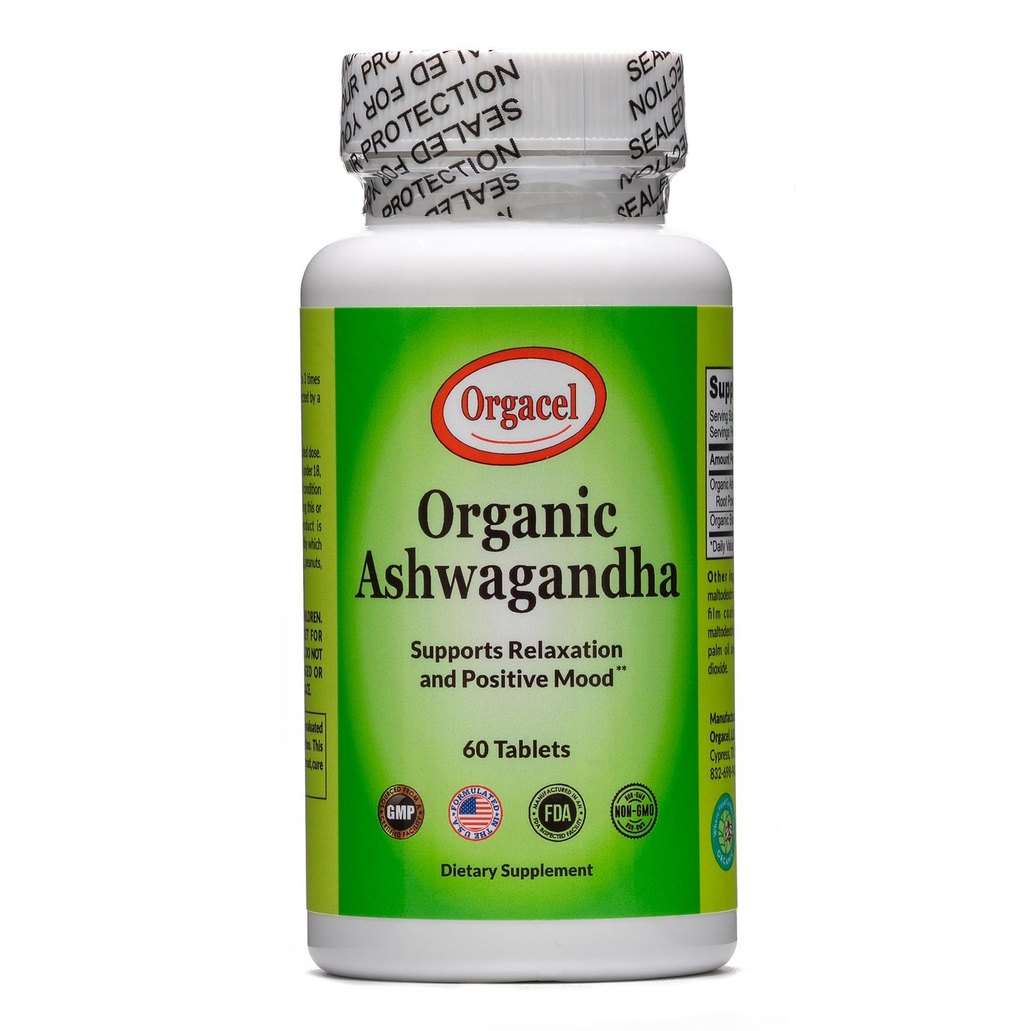 Orgacel Organic Ashwagandha 675 mg Tablet, 60 Vegan, Non-GMO Tablets