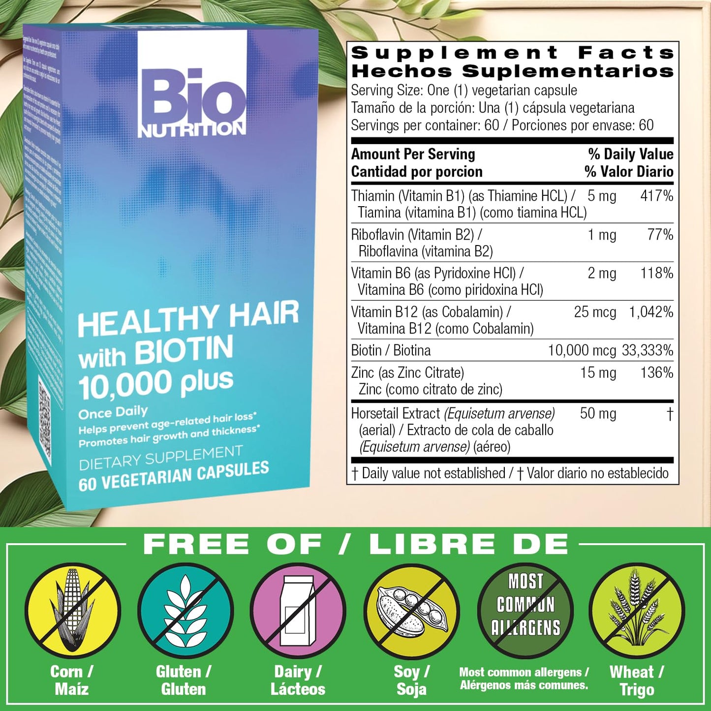 Bio Nutrition Healthy Hair Biotin Vegi-Caps Capsules, 60 Count
