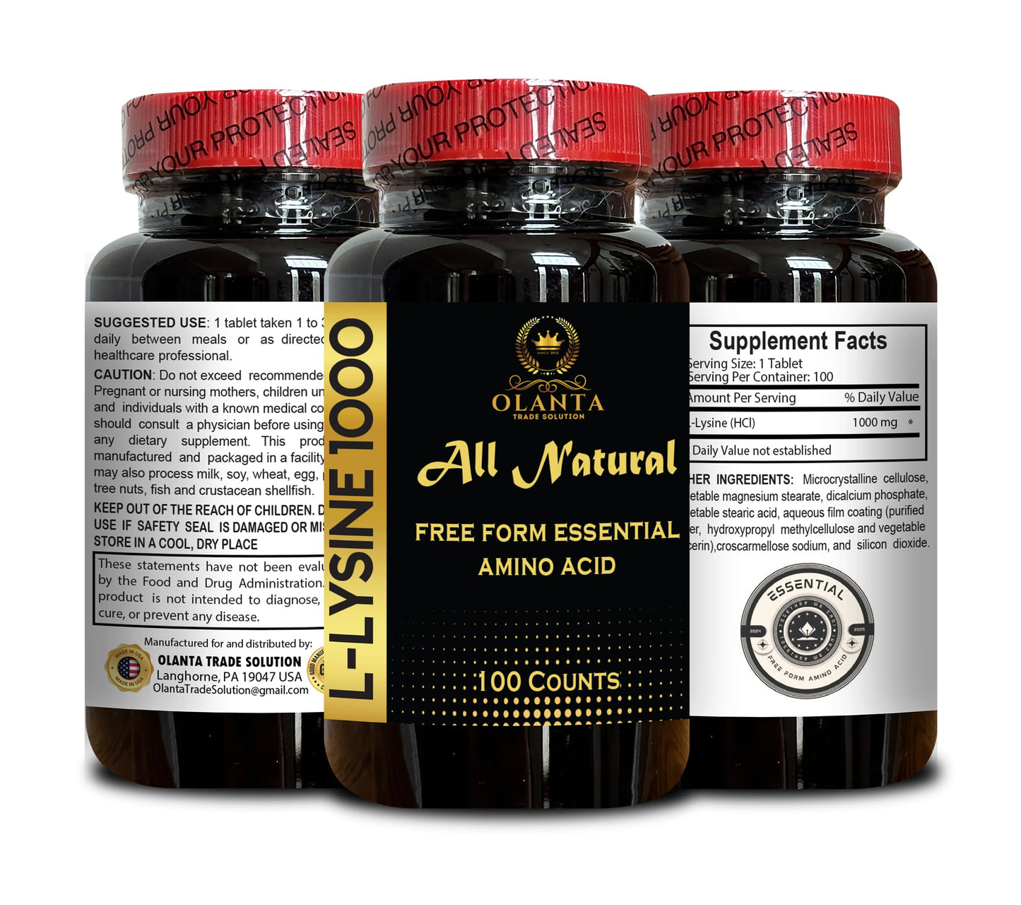 OLANTA TRADE SOLUTION L-LYSINE 1000 mg Free Form Amino Acid Capsule, 200 Count