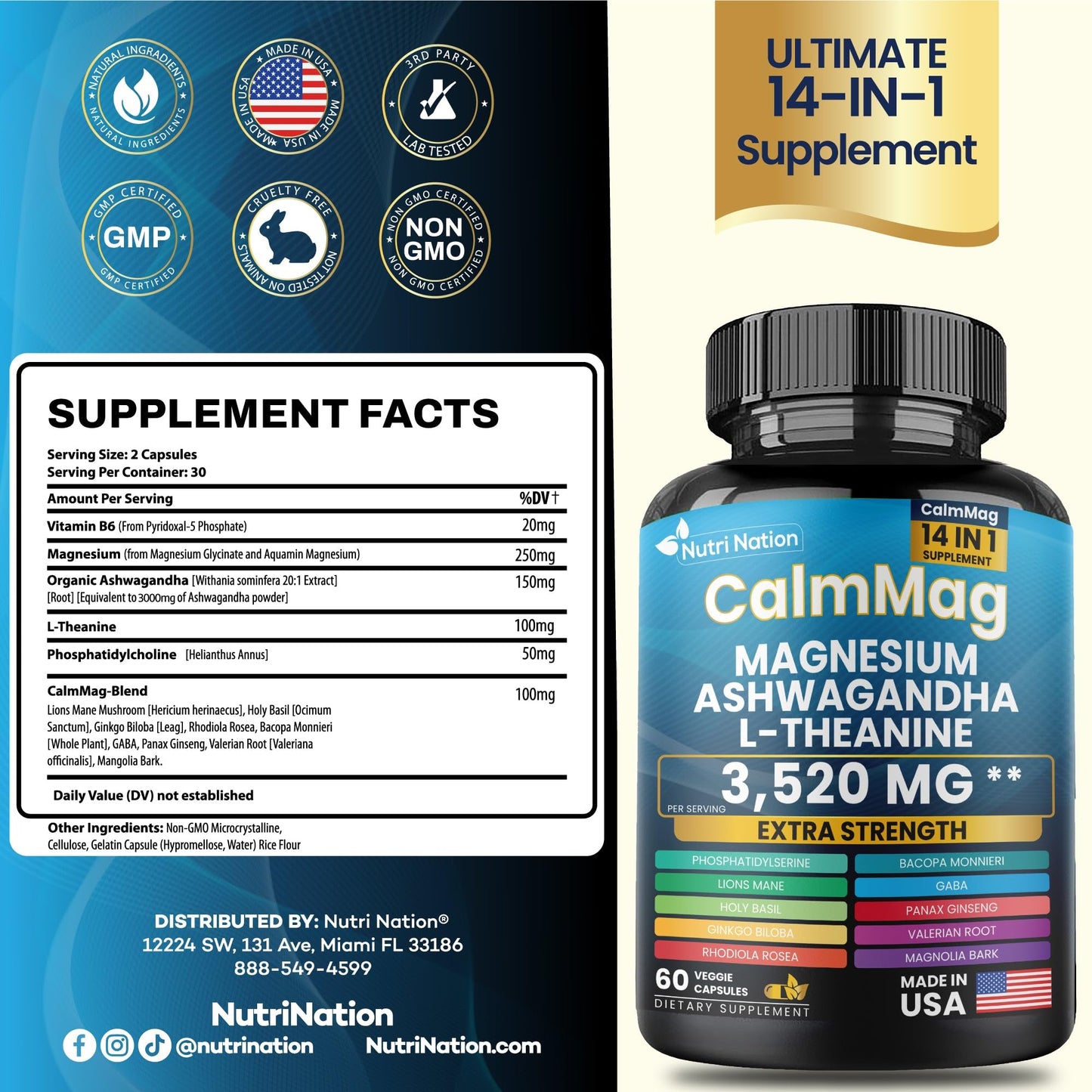 Nutri Nation Magnesium Glycinate with Ashwagandha and L-Theanine 14 in 1 Supplement Capsule, 1 Count