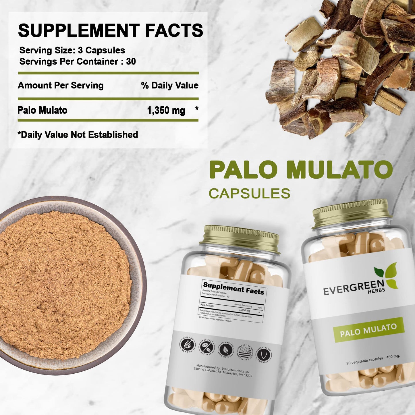Evergreen Herbs Palo Mulato Capsules 1350 mg per Serving (450 mg Each Capsule) 90 Count
