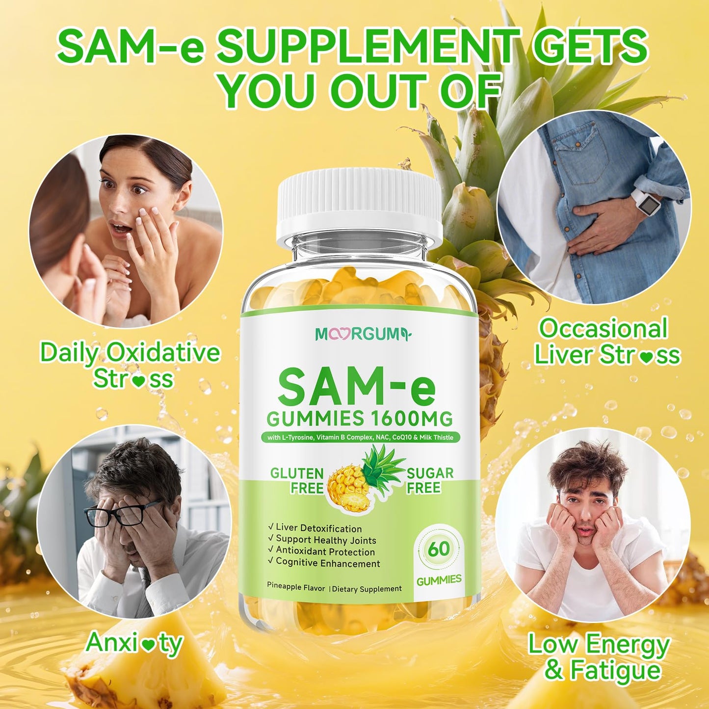 MOORGUMY SAM-e L-Tyrosine with NAC, CoQ10 & Vitamin B Complex Gummies, 60 Gummies