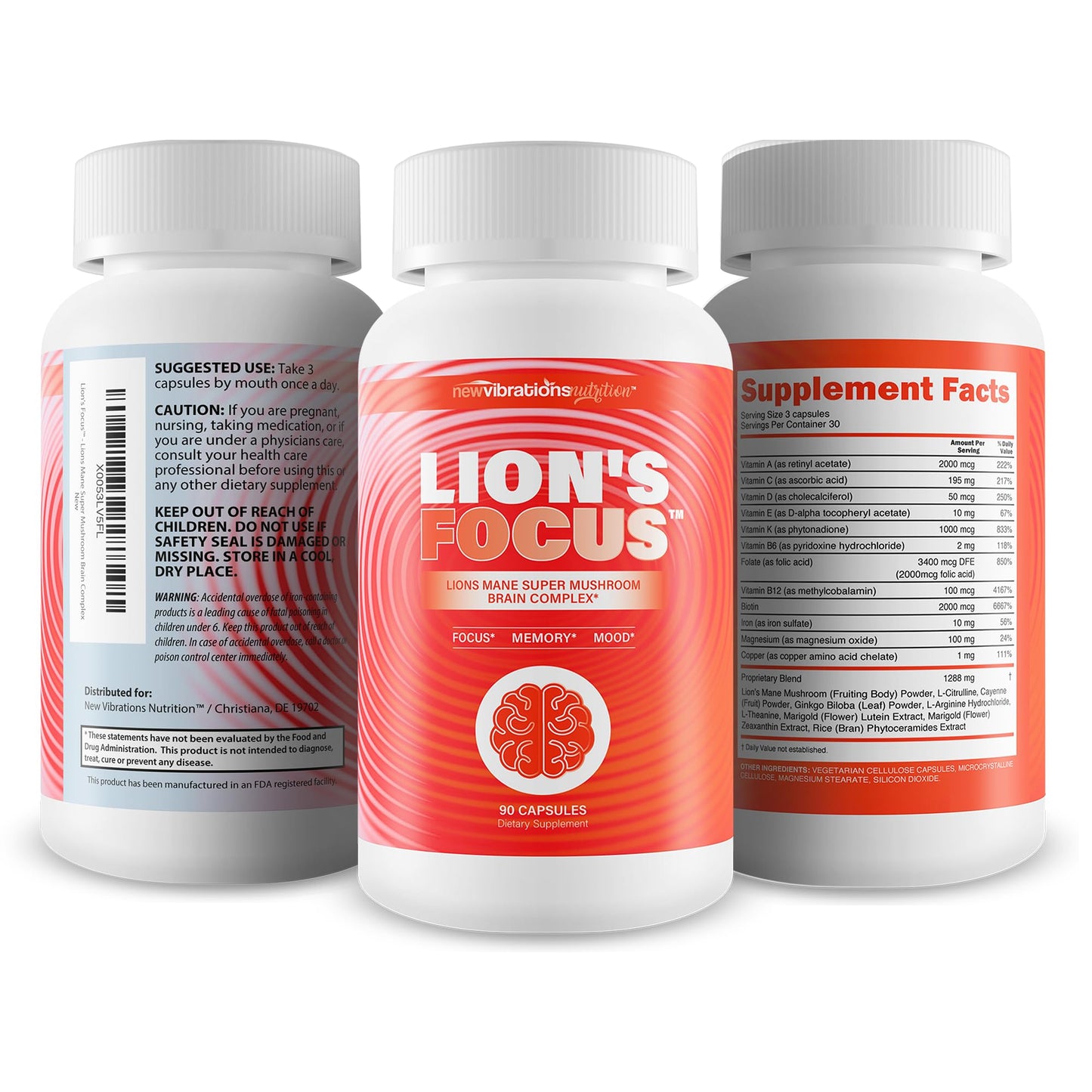 New Vibrations Nutrition Lions Mane Focus Mushroom Supplement Capsule, 90 Count