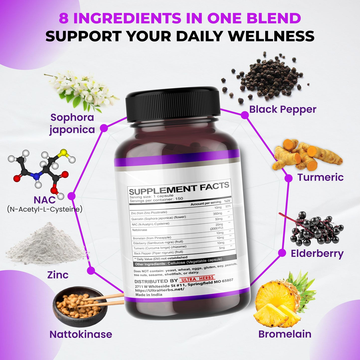 Ultra Herbs Quercetin Supplement with Bromelain, NAC & Nattokinase, 8-in-1 Formula with Zinc, Elderberry & Turmeric, Immune & Respiratory Wellness Support*, Capsules, 150 Count