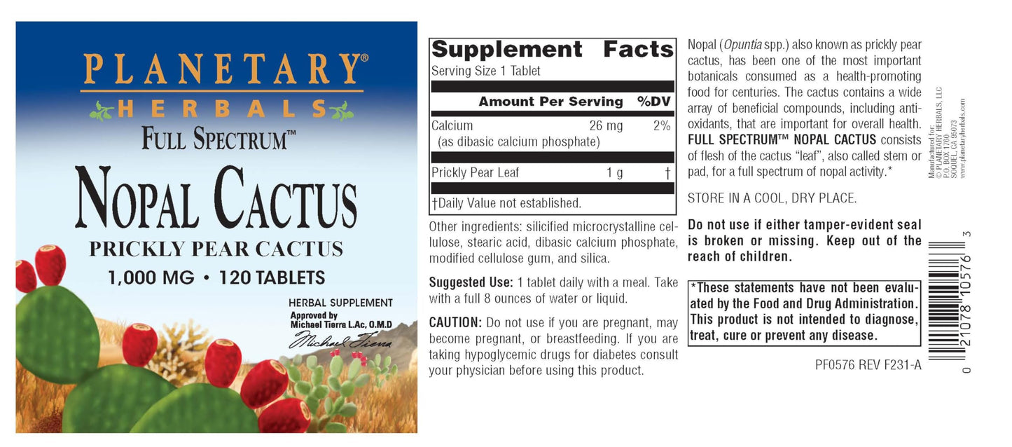 Planetary Herbals Full Spectrum Nopal Cactus, Prickly Pear Cactus, 1000 mg, with Prickley Pear Leaf, Tablets, 120 Count