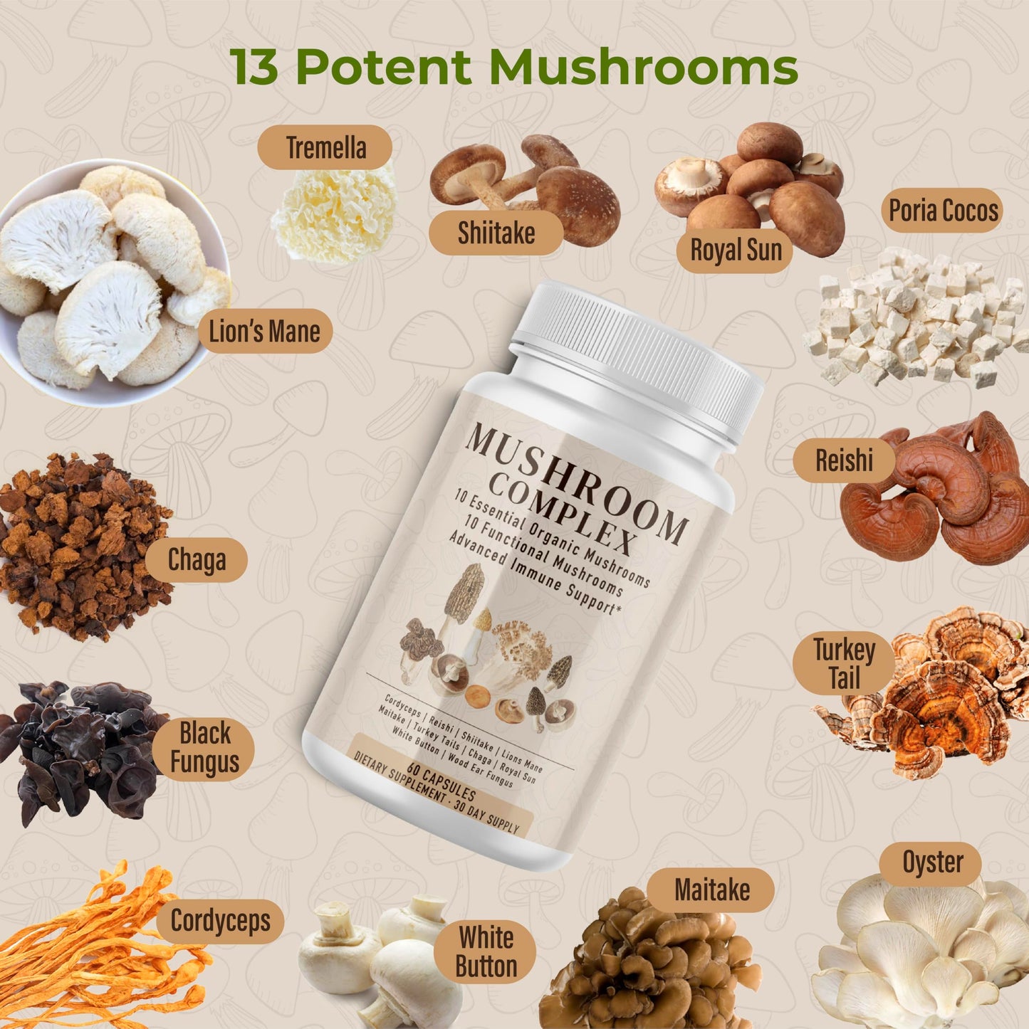 Pelican Vitamins Organic Mushroom Complex, 13 Functional Mushrooms Capsule 60 Count