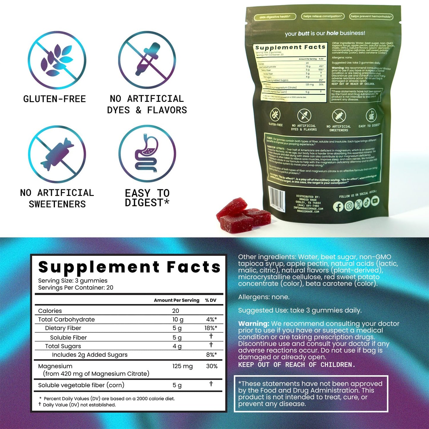 Rrhoid Rage Fiber Gummies with Magnesium Citrate Extra Strength Gut & Bowel Support, Mixed Berry Flavor, Non-GMO, Gluten-Free, Vegan, Constipation Relief Supplement, 60 Gummies