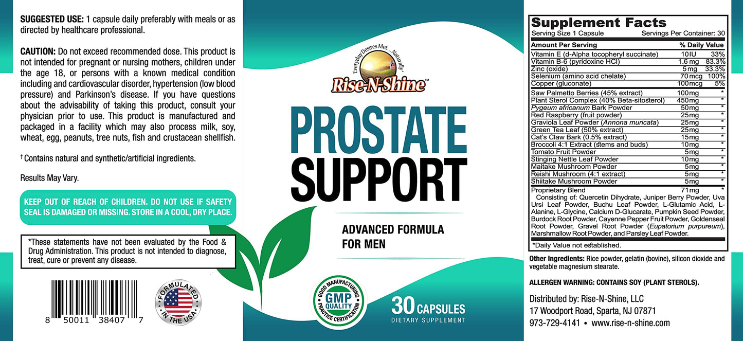 Rise-N-Shine Prostate Support for Men - Prostate Health Support Capsules, 30 Capsules