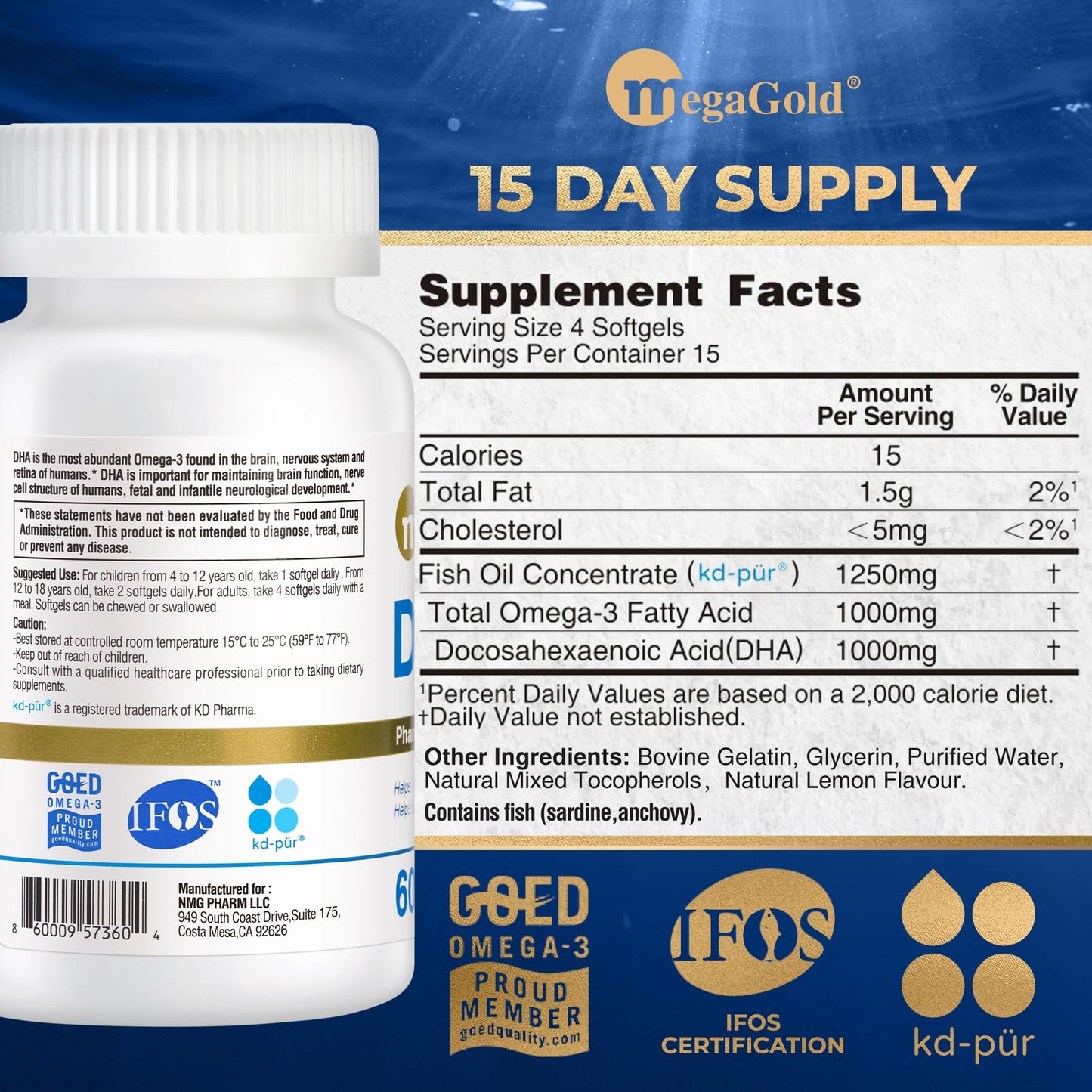 MegaGold DHA 1000mg Fish Oil Mini Softgels, 60 Count