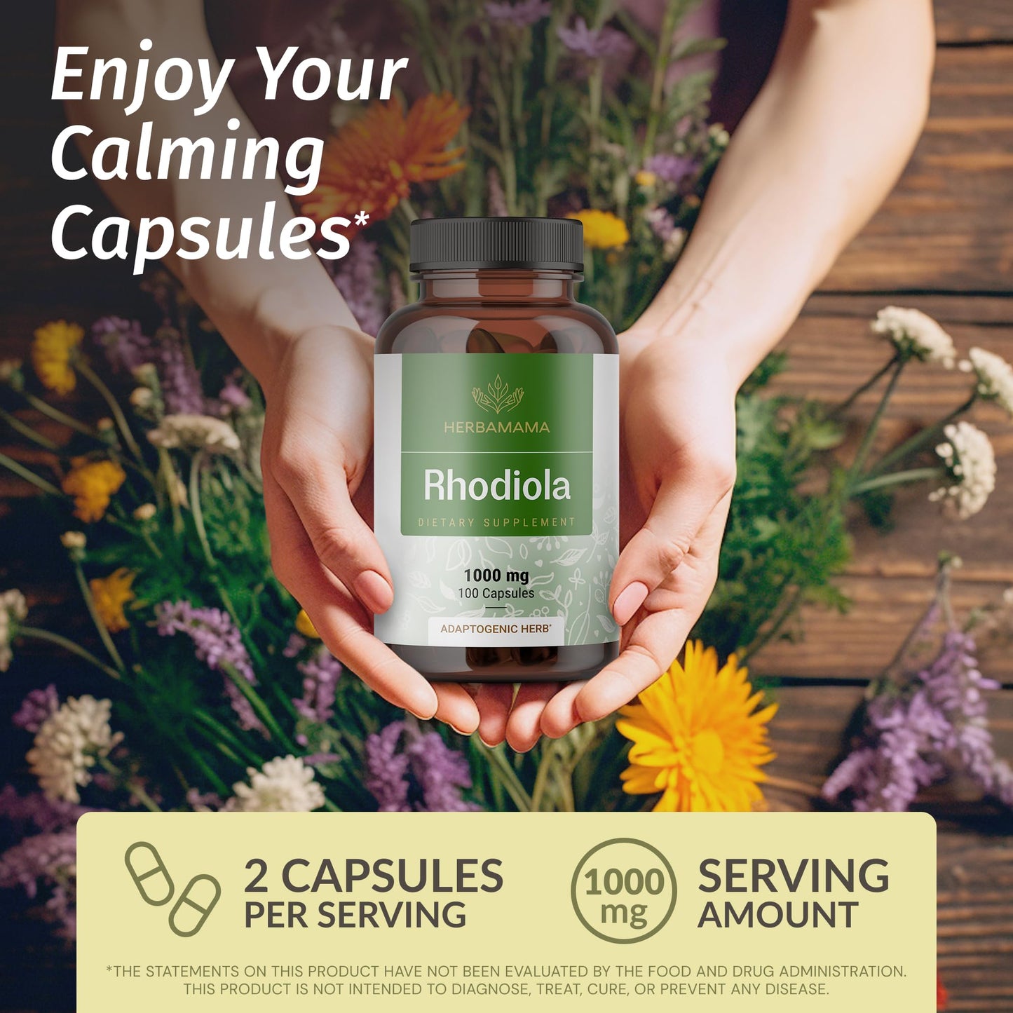 HERBAMAMA Rhodiola Rosea Supplement Capsules, 1000mg Rhodiola Rosea Extract, 200 Capsules